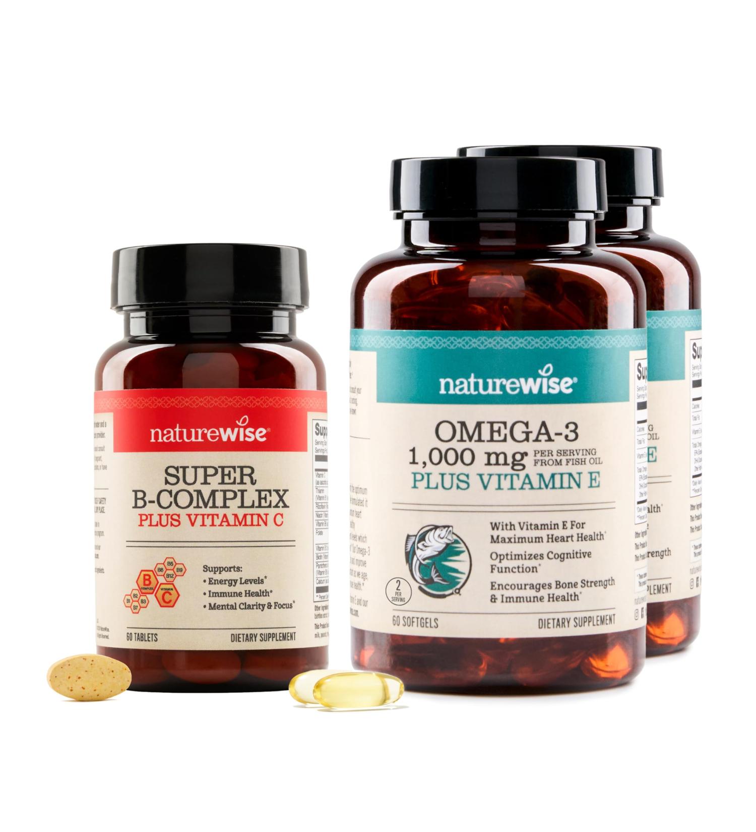 NatureWise 1 Super Vitamin B Complex + Vitamin C - Vegan Non-GMO - 60 Tablets 60-Day Supply + (Pack of 2) Omega 3 Fish Oil 1000mg + Vitamin E - Wild-Caught - 60 Softgels 30-Day Supply  - Buy Online on GoSupps.com