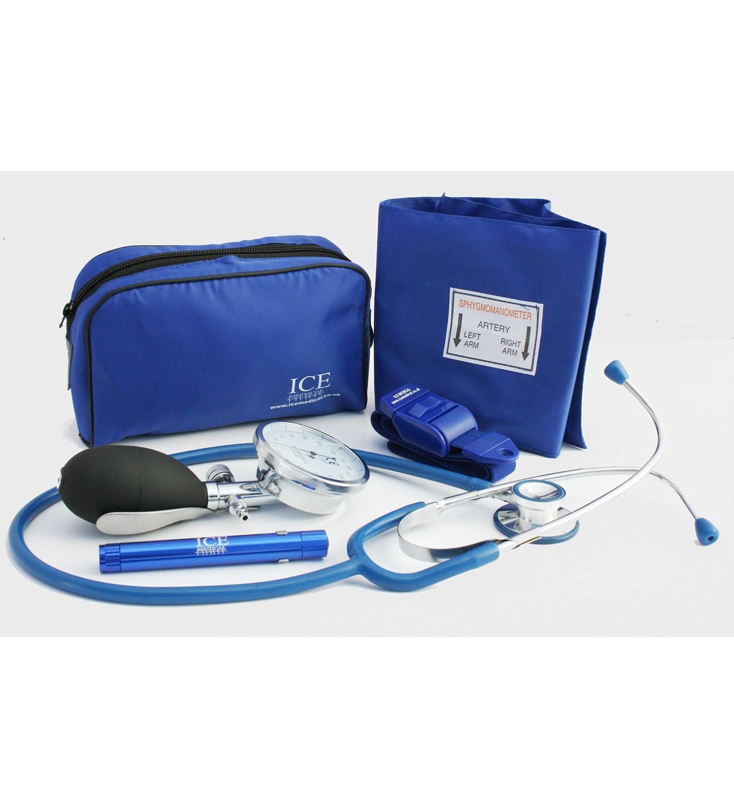 Blue Aneroid Blood Pressure Sphygmomanometer Monitor Stethoscope Pen Light (Pen Torch) and Tourniquet - GP Set