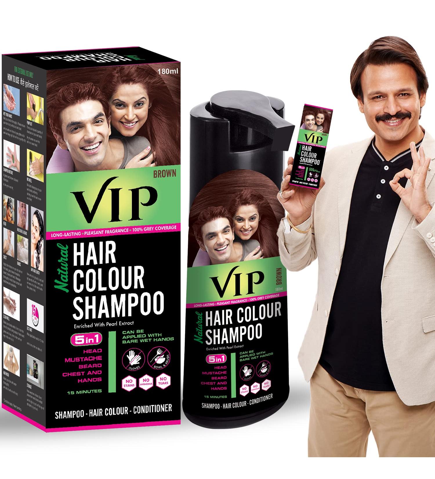 Buy VIP 5 in 1 Hair Colour Shampoo - Brown 180ml | International Shipping | Best Hair Color Shampoo - Buy Online on GoSupps.com