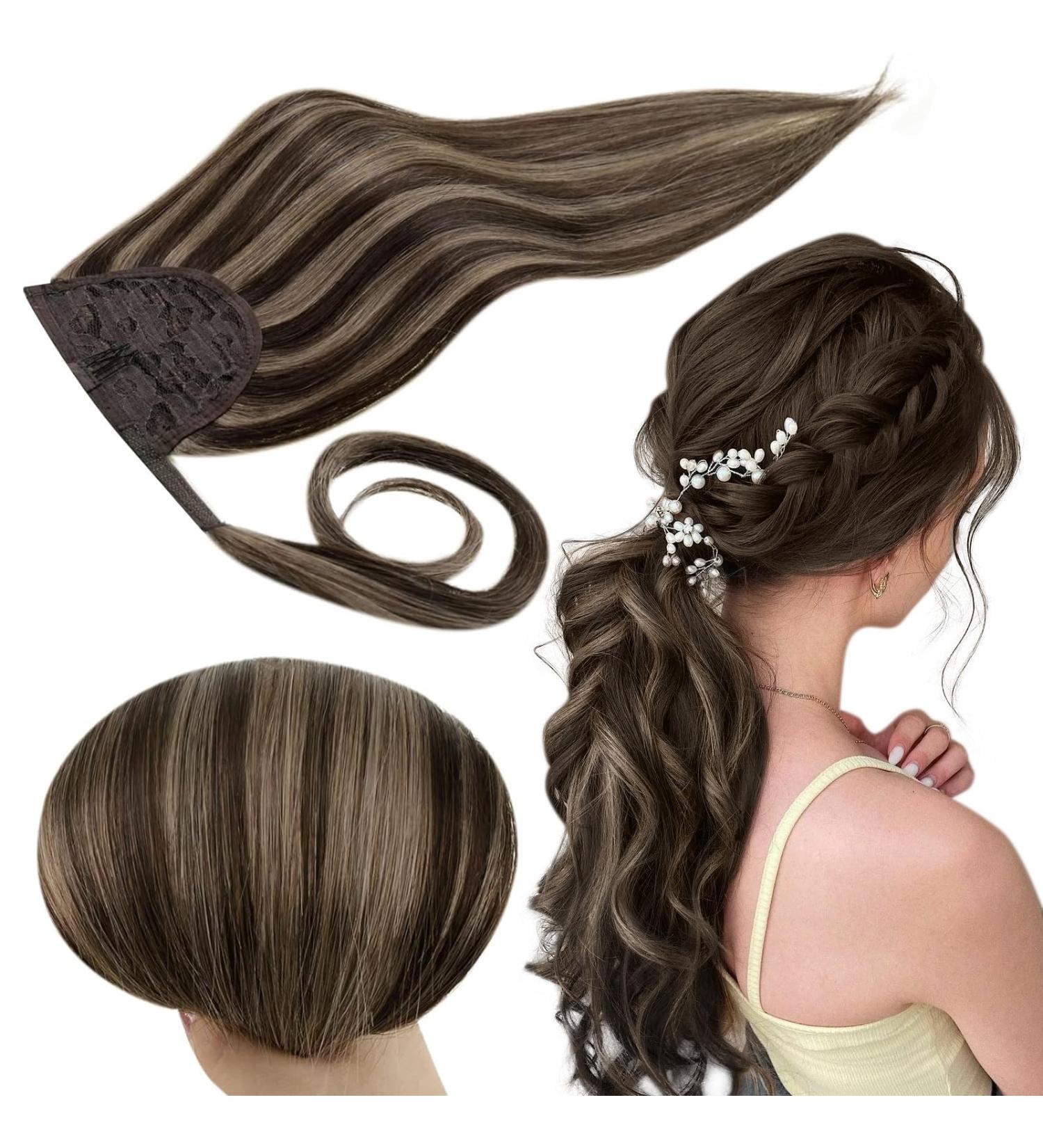 Runature 35cm Ponytail Extensions - Real Hair Brown Highlights Dark Brown with Ash Brown 70g Straight Braid #2P8A - Buy Online on GoSupps.com