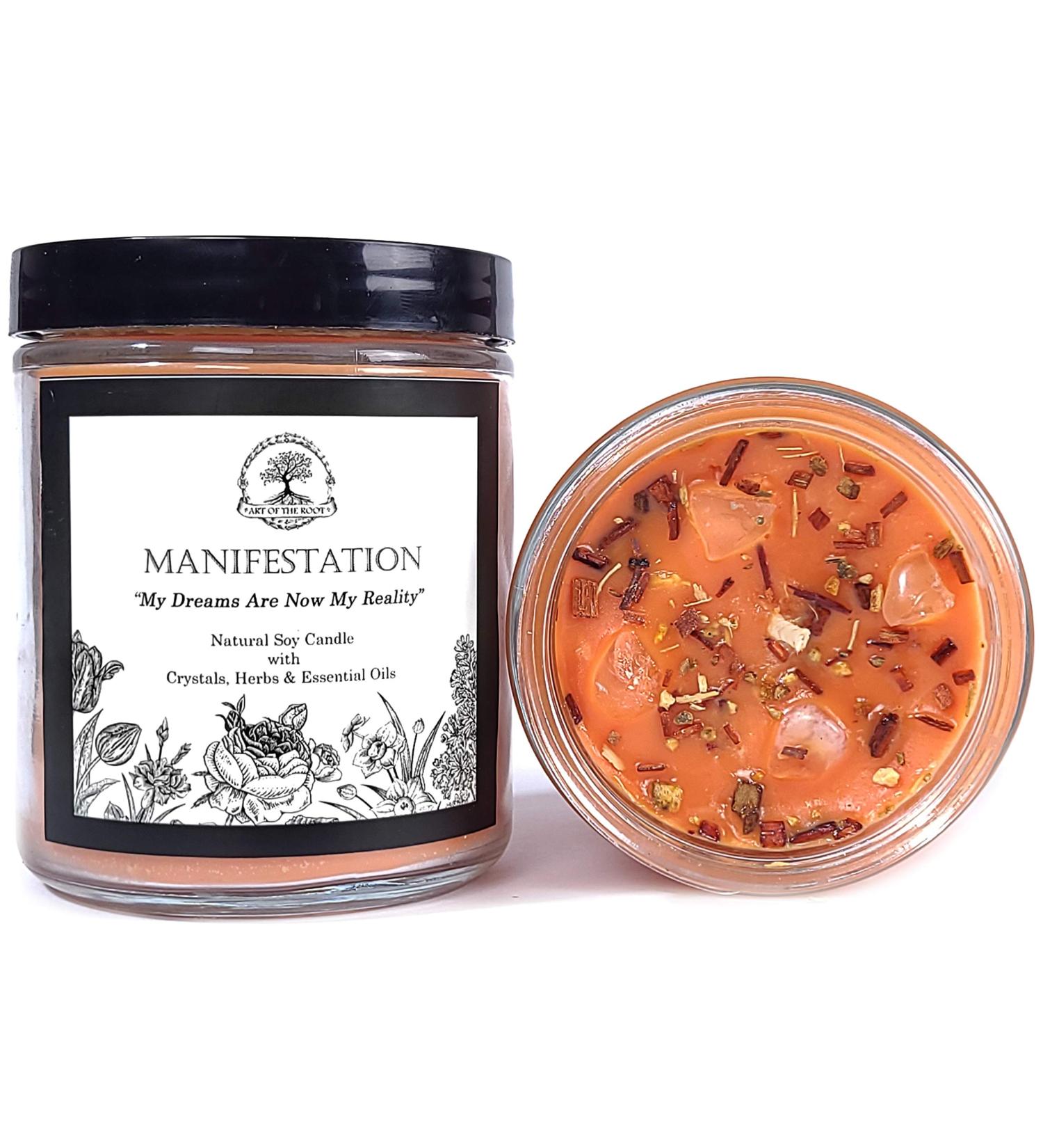 Manifestation Affirmation Candle | 9 oz Natural Soy Wax & Citrine Crystals Herbs & Essential Oils | Dreams Wishes Law of Attraction Rituals | Wiccan Pagan Magick Spirituality