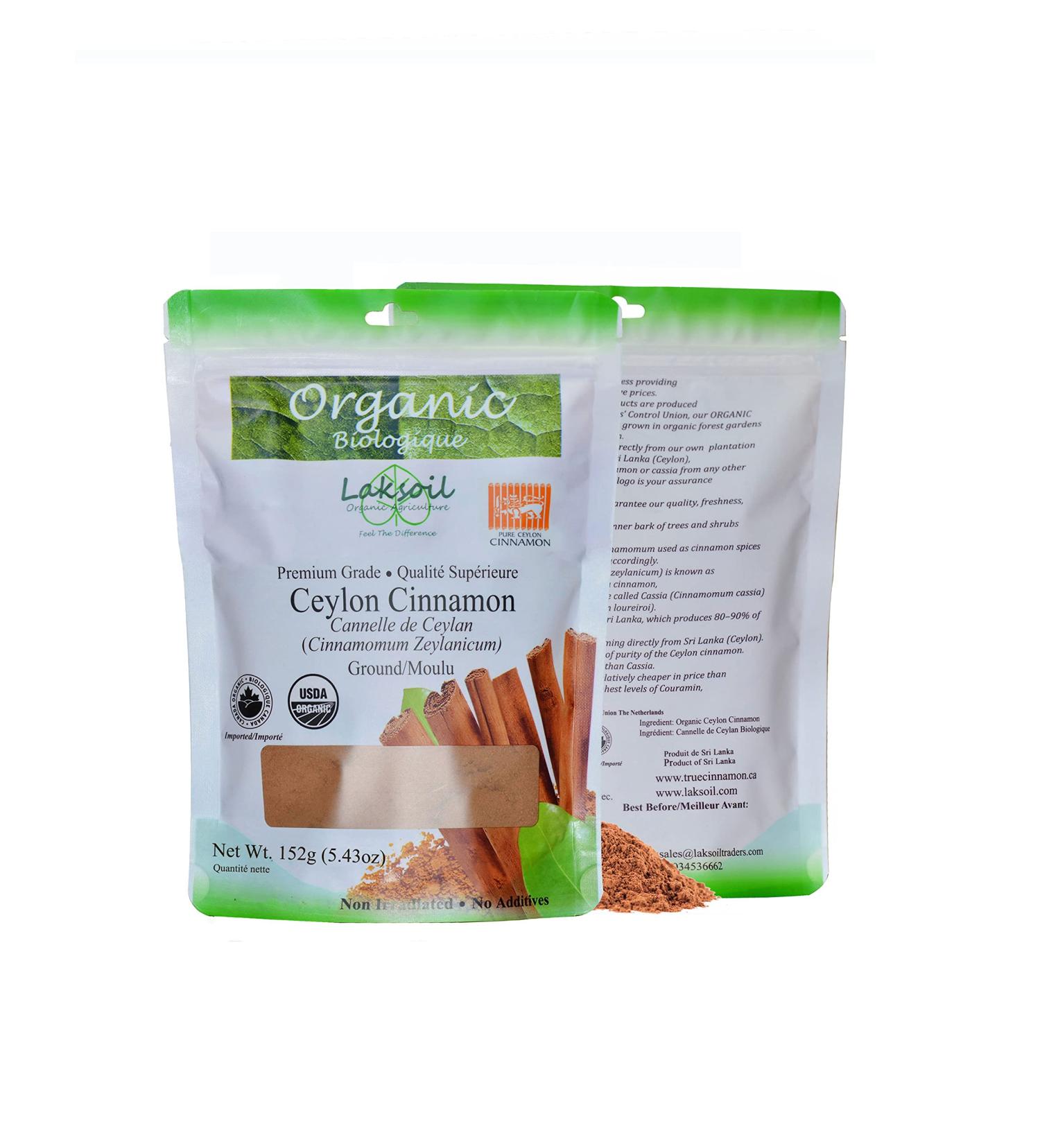 Certified Organic Total 304g/Over 1/2 LB Pure Ceylon/True Cinnamon Powder (c.zeylanicum)-2 Packs of 152g