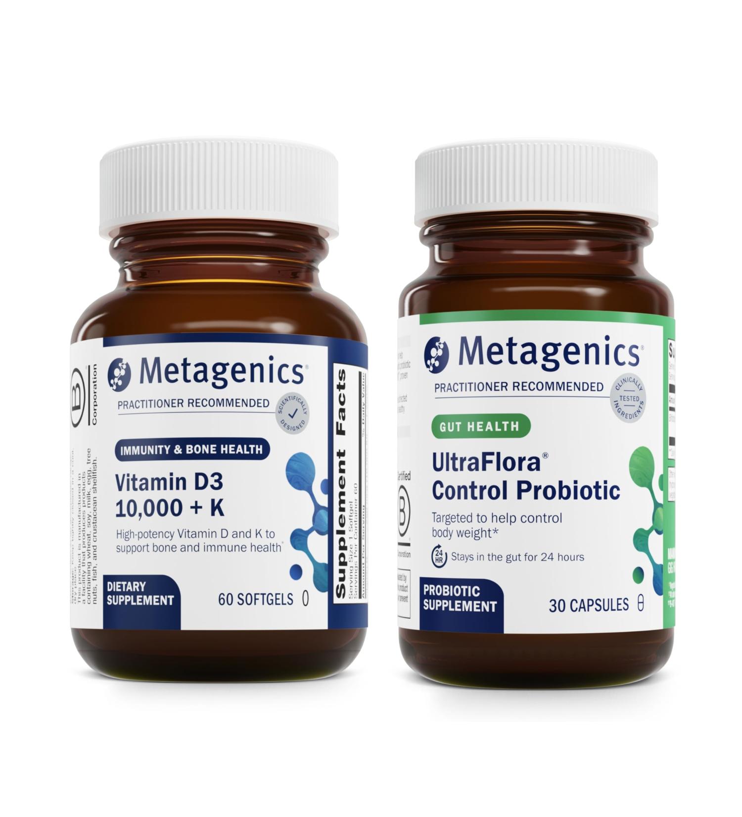 Metagenics Vitamin D3 10 000 + K (60 Softgels) & UltraFlora Control Probiotic (30 Servings) - Supports Bone & Heart Health - Aids Healthy Body Composition - Buy Online on GoSupps.com