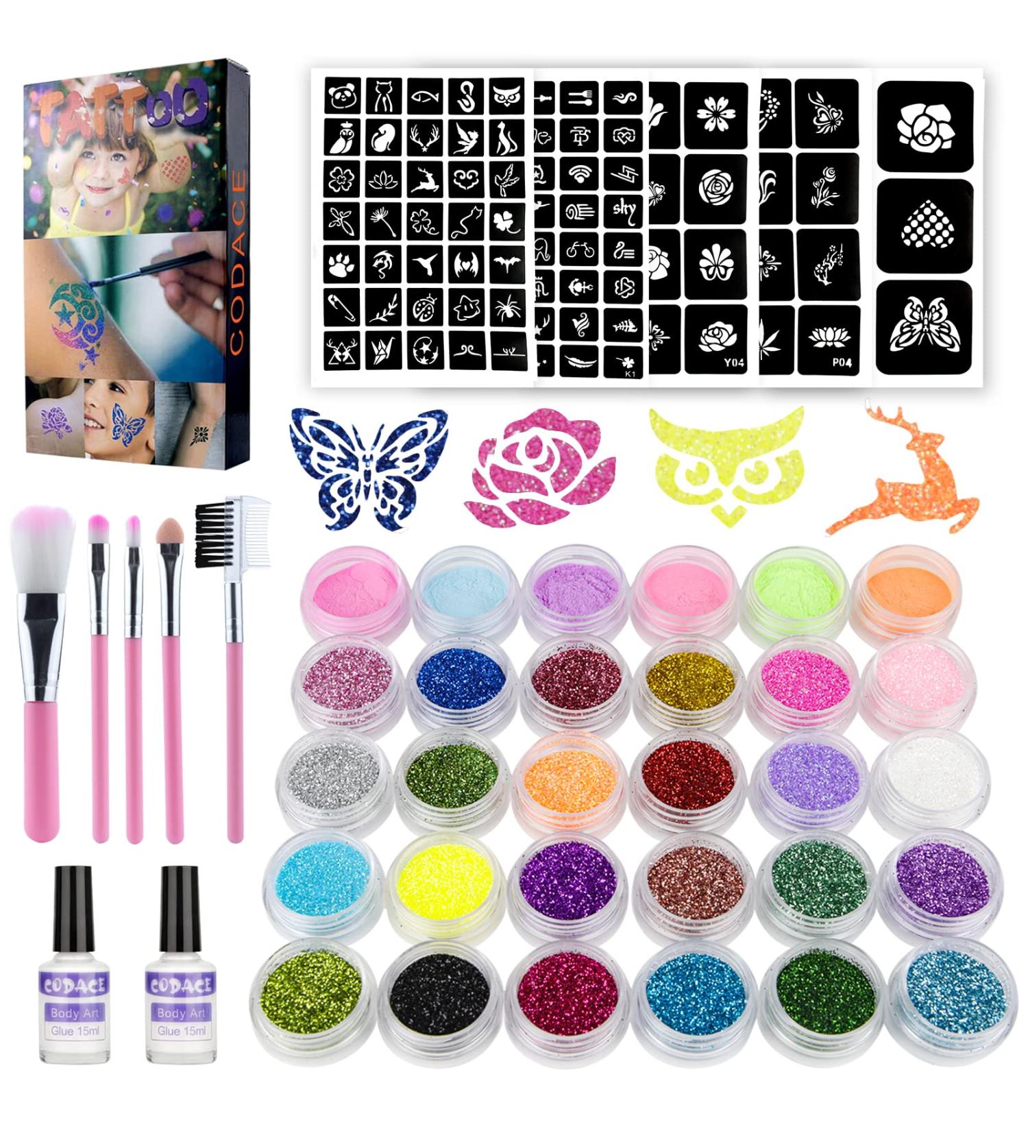 Kids Temporary Glitter Tattoos Kit - 24 Large Colors, 6 Fluorescent Colors, 105 Stencils, Body Glitter Nail Art, Glow in the Dark Tattoos - Perfect for Festival Parties - Includes 5 Brushes and 2 Glue - Buy Online on GoSupps.com