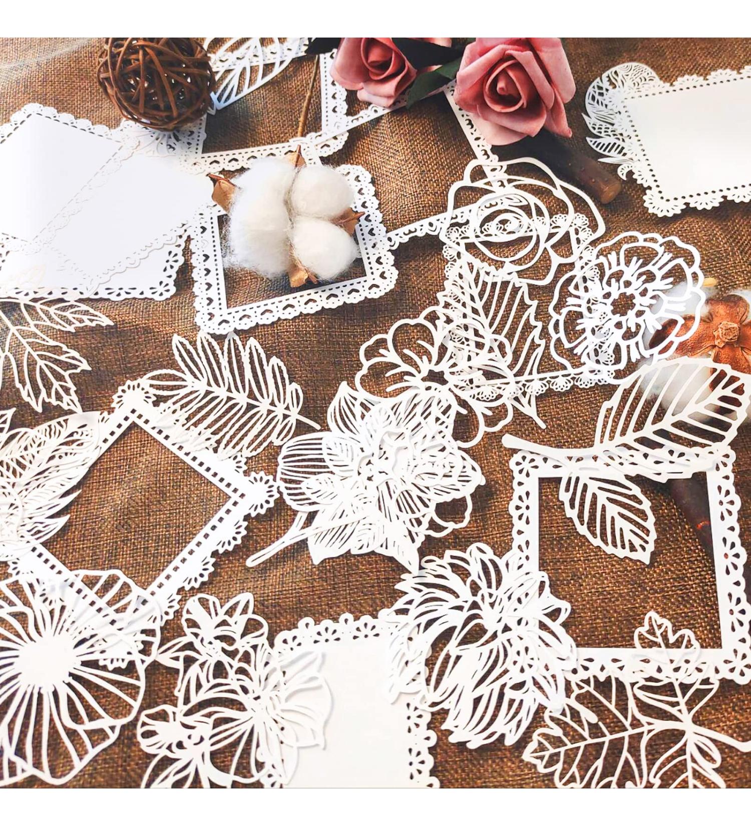 Vintage Scrapbooking Supplies Pack - 40 Pcs Cutout Lace Paper Feathers Flowers Leaves Frame Decorative DIY Craft Stationery - Buy Online on GoSupps.com