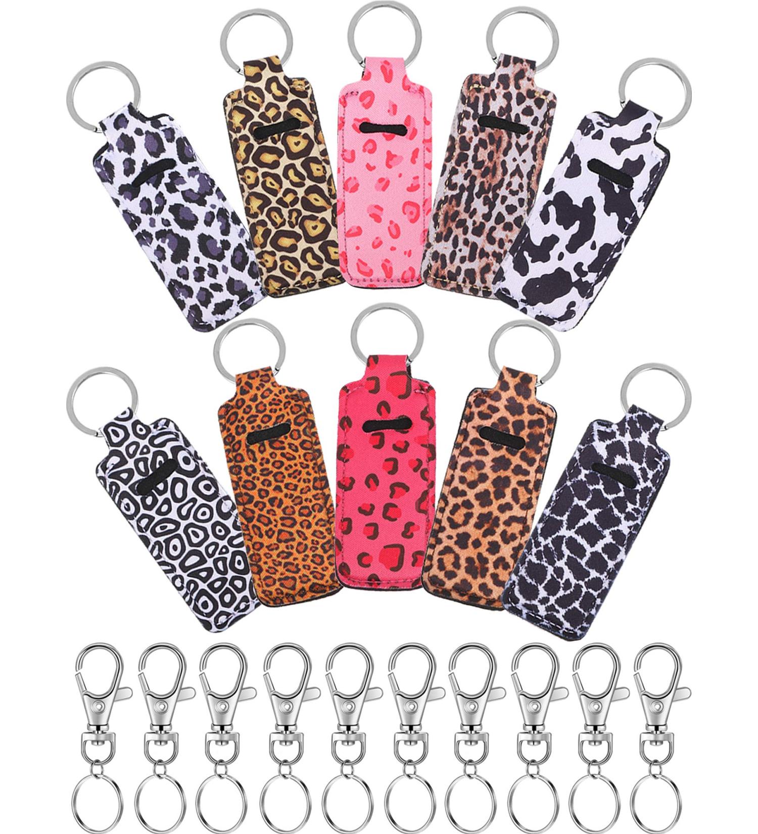 Cow Print Lipstick Holder Keychain Sleeve Set with 10 Metal Chains - Leopard Style - Buy Online on GoSupps.com