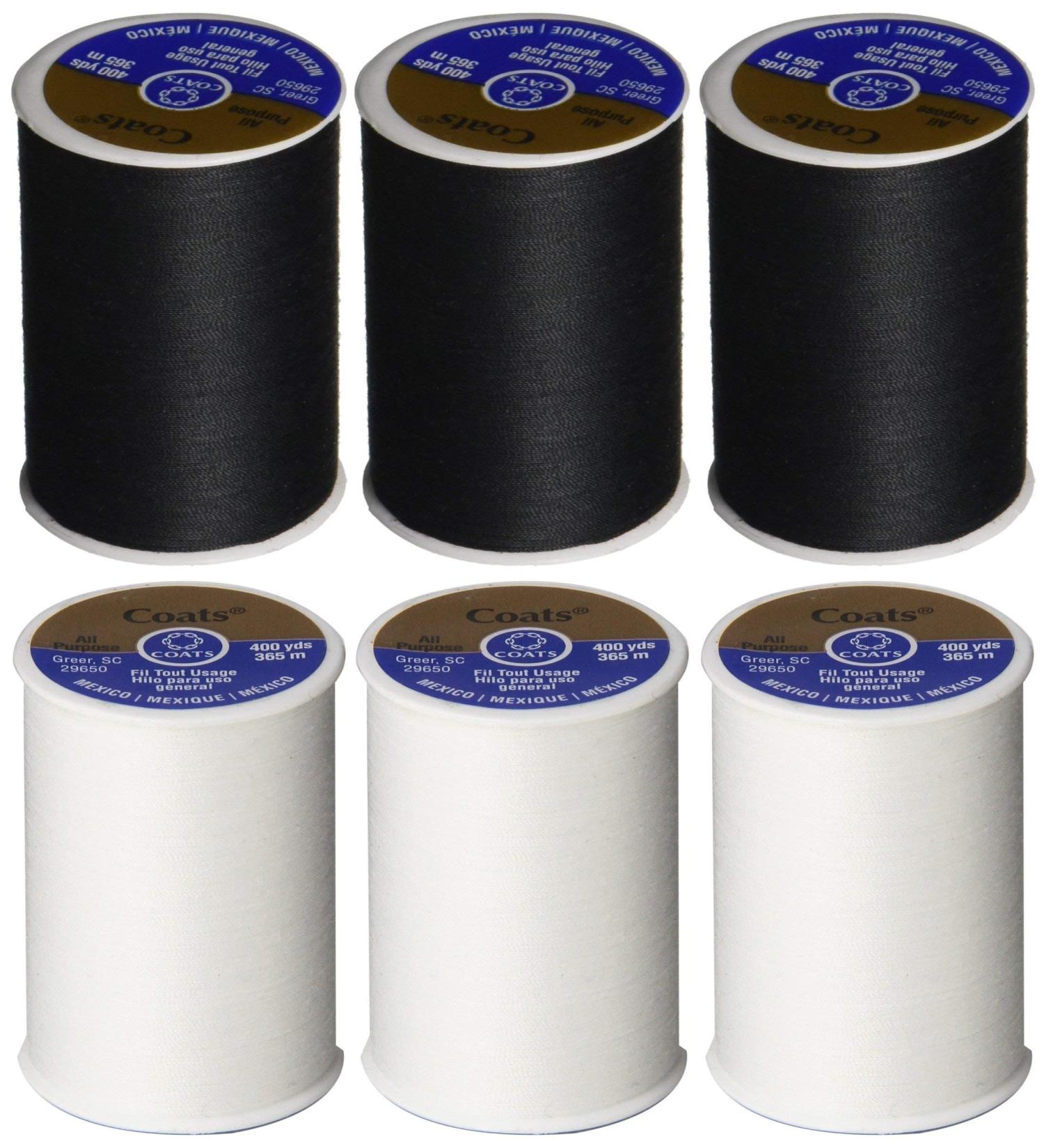 6 Pack Bundle - (3 Black + 3 White) - Coats & Clark Dual Duty All-Purpose Thread - Three 400 Yard Spools each of BLACK & White Polyester