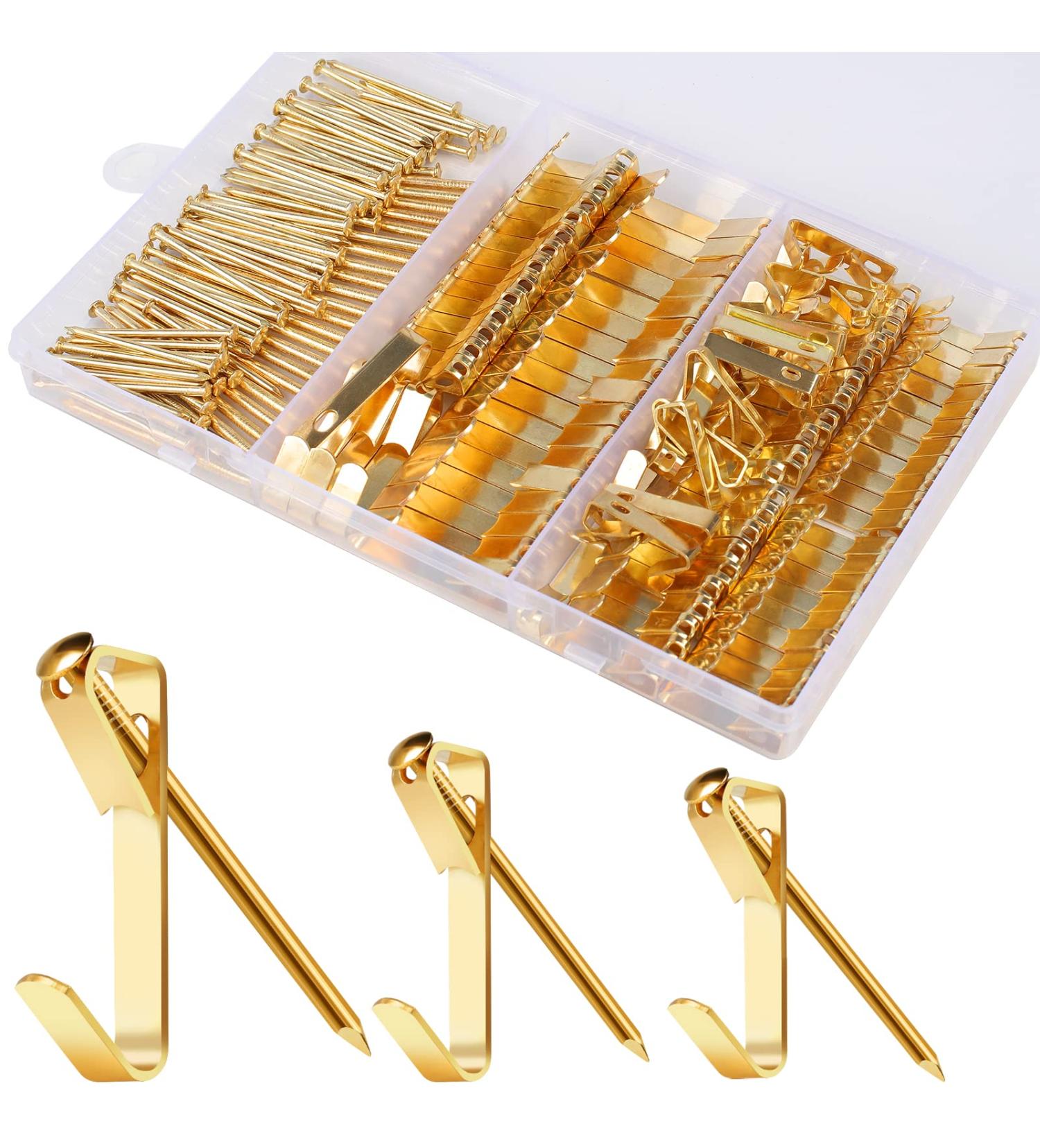 184 Piece Picture Hanging Kit - Metal Picture Hangers for Drywall & Wooden Wall - Includes Hooks & Nails - 20lb, 30lb, 50lb - Gold - Buy Online on GoSupps.com
