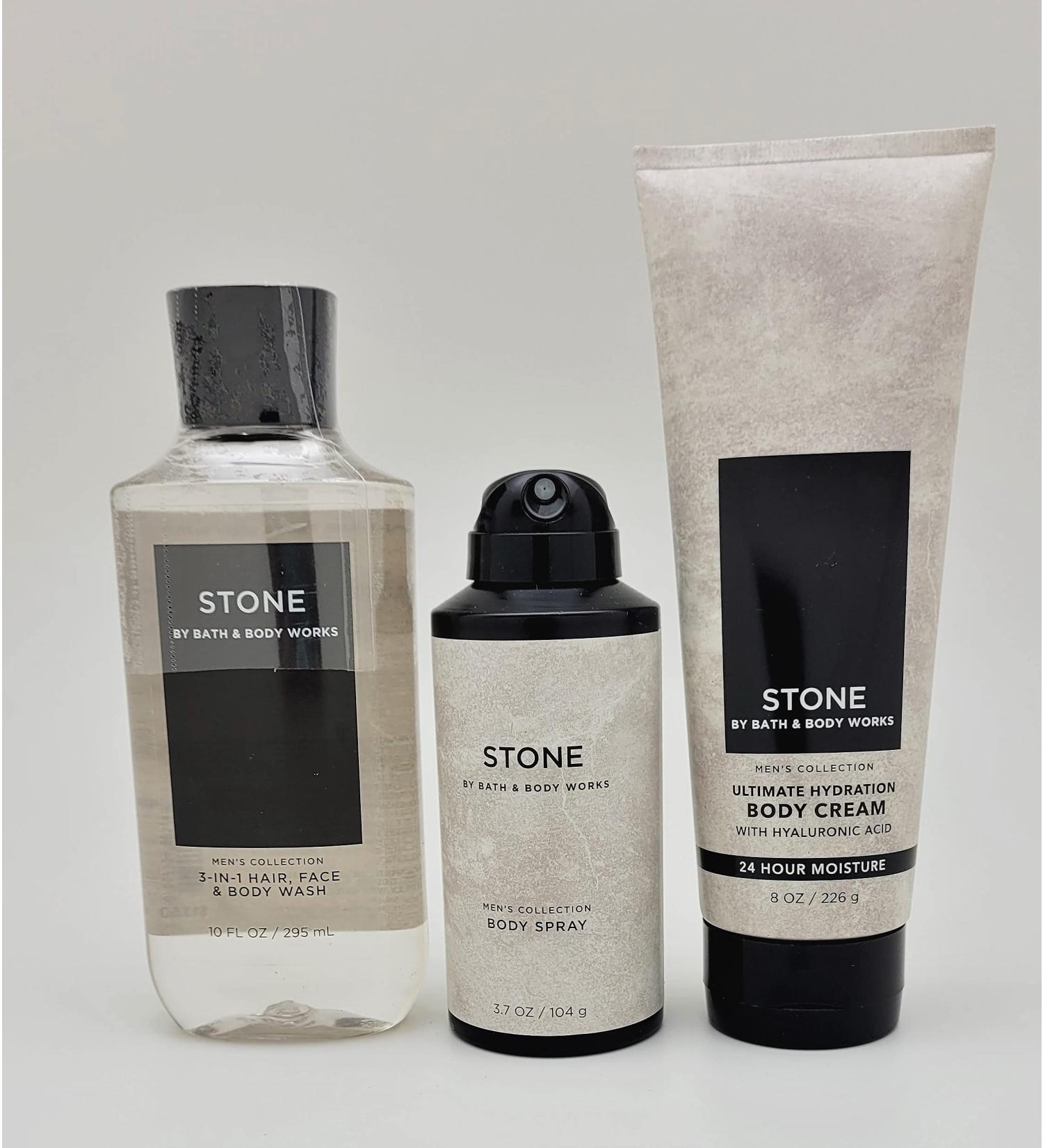 Bath & Body Works Stone For Men 3 pc Bundle: Hair, Face & Body Wash, Deodorizing Body Spray, and Hydration Cream 2021 - Buy Online on GoSupps.com