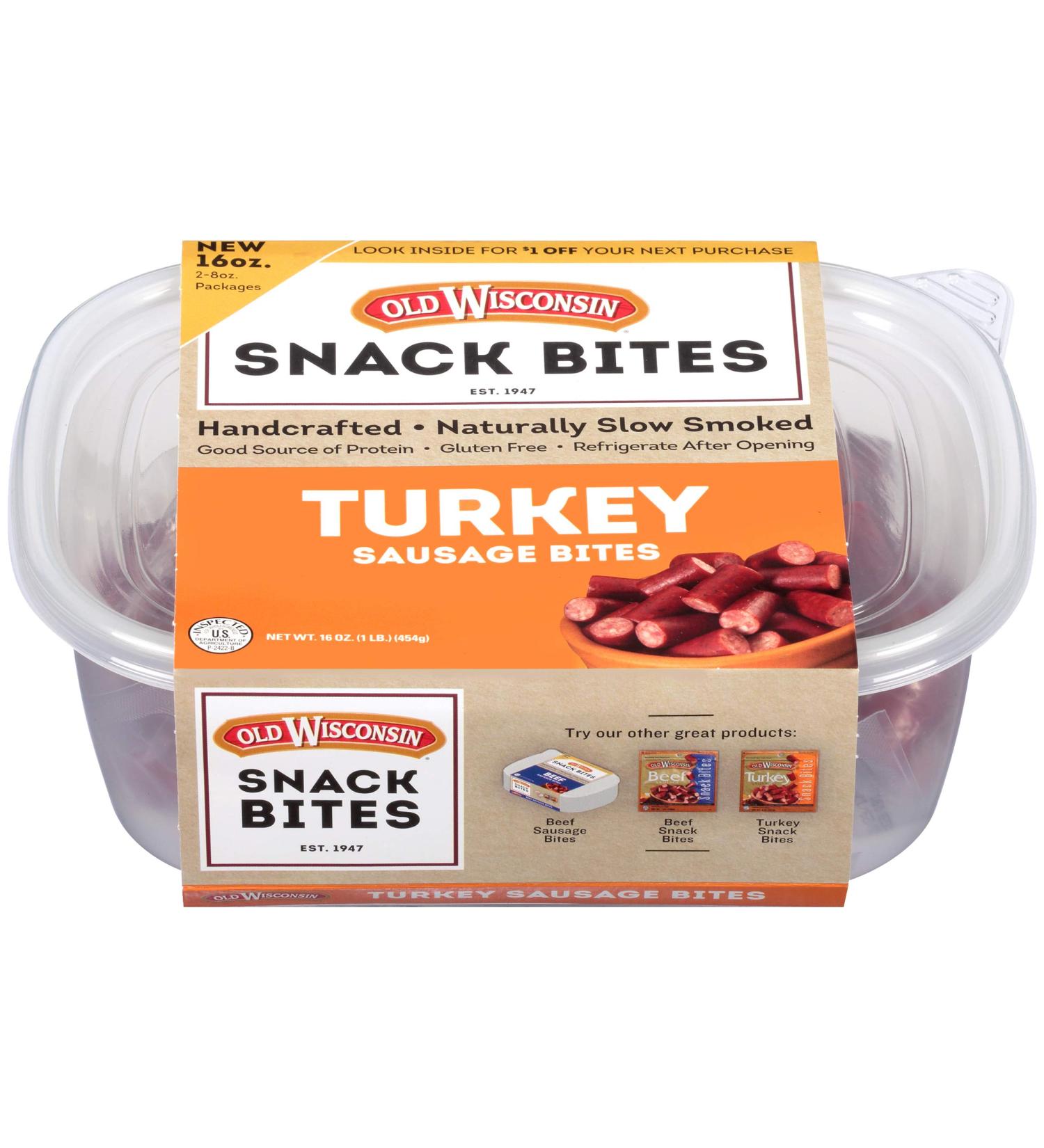 Old Wisconsin Turkey Sausage Snack Bites - High Protein | Low Carb | Keto | Gluten Free - 16 oz Resealable Tub - Buy Online on GoSupps.com