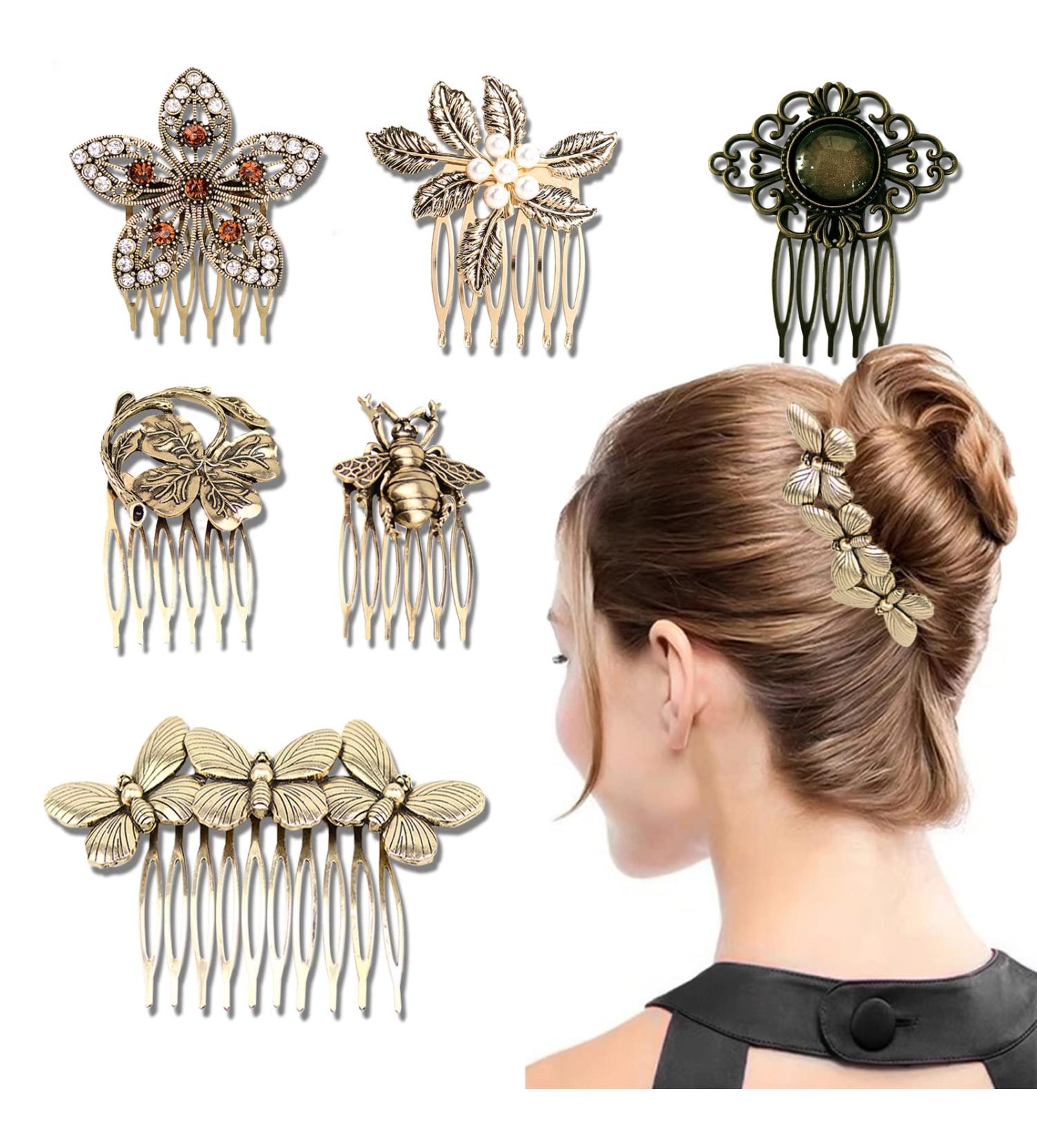 Vintage Hair Side Combs 6 Pack - Gold Pearl Rhinestone Metal Clips for Women - Bridal Wedding Hair Accessories - Buy Online on GoSupps.com