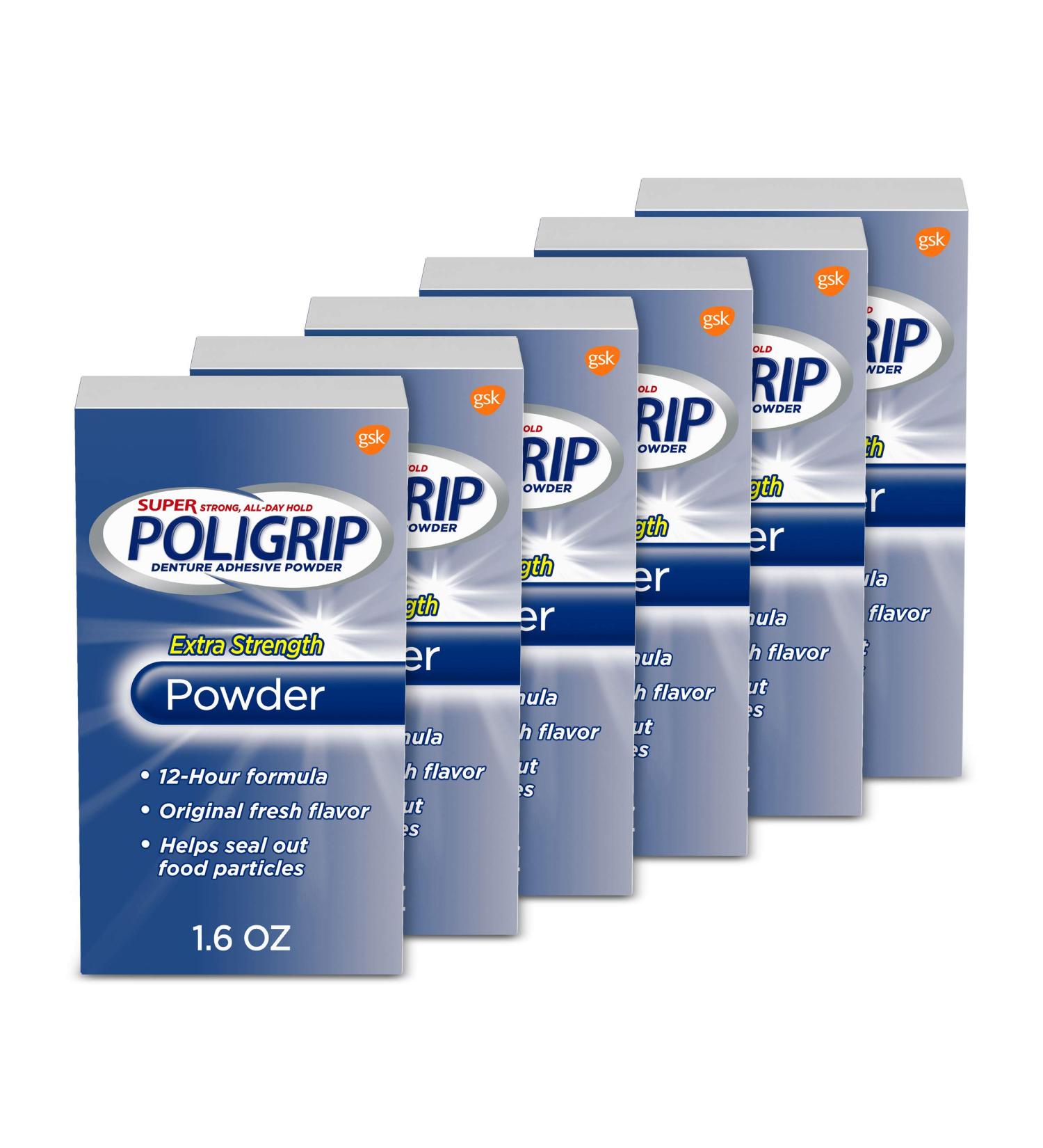 Super Poligrip Extra Strength Denture Adhesive Powder - 1.6 oz (Pack of 6) | Long-lasting Hold - Buy Online on GoSupps.com
