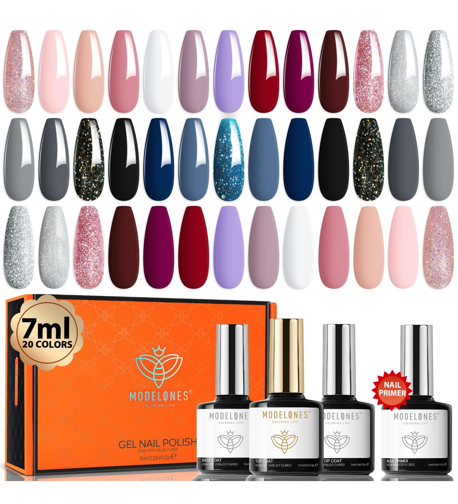 Modelones 24 Pcs Gel Nail Polish Kit 20 Colors Pink Blue Glitter Nail Polish Gel with Bond Primer Glossy & Matte Top Coat Base Coat Starter Kit Soak Off U V Gel LED Manicure Gift for Women DIY Home Salon - Buy Online on GoSupps.com