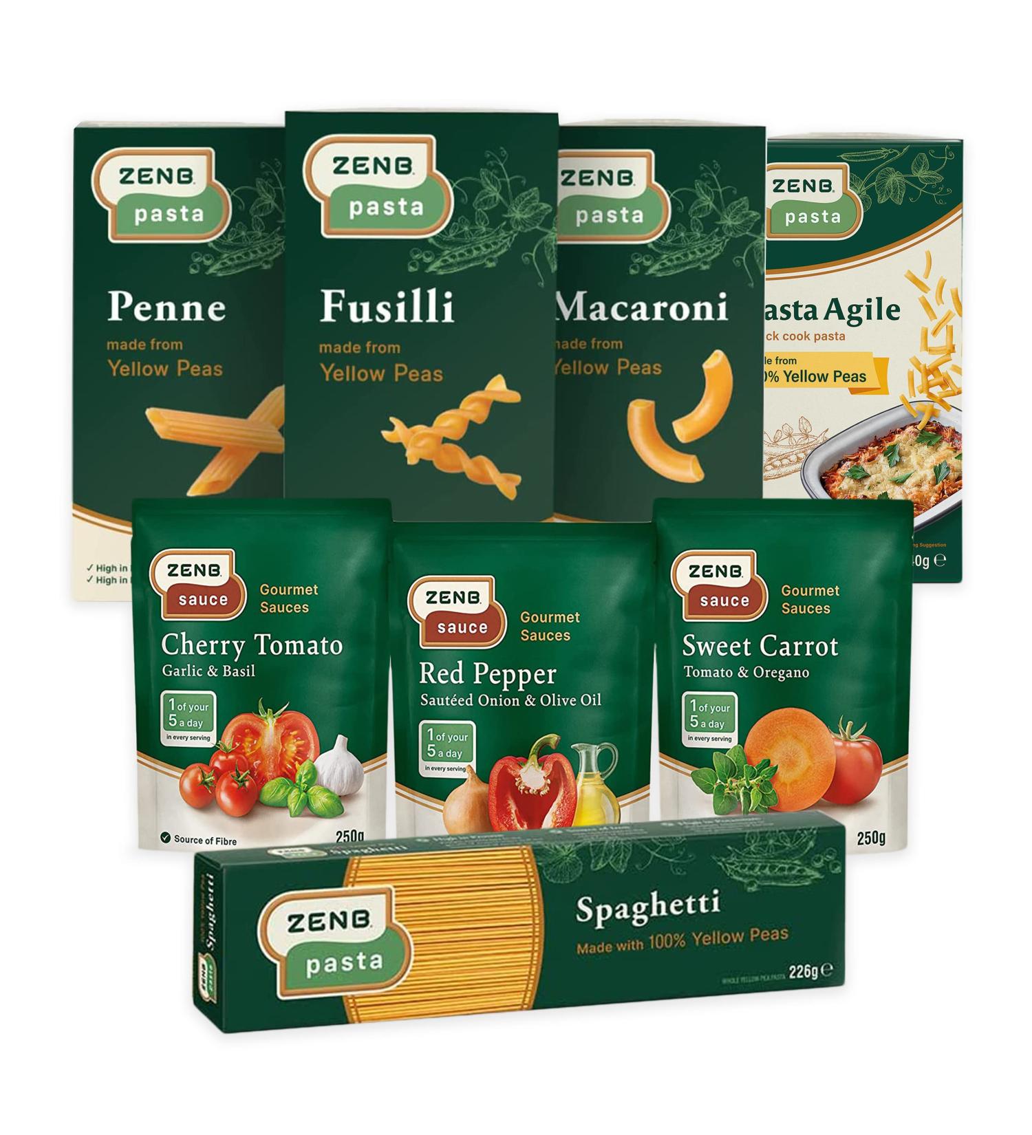 ZENB Pasta & Sauce Starter Pack - Gluten Free & Vegan Friendly Introductory Bundle - 3 Yellow Pea Pasta 3 Sauce 1 Spaghetti & 1 Pasta Agile - Buy Online on GoSupps.com