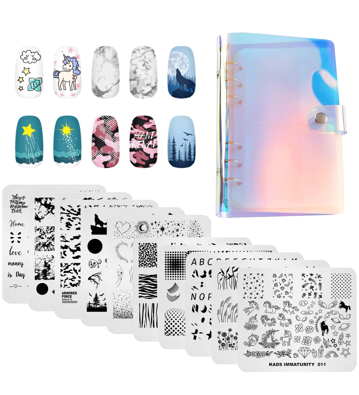 Alexnailart 10 Pieces Nail Stamping Plates Set with Multi-Patterns for Nail Design - Manicure Stencils Tool with Storage Bag (Set5) - Buy Online on GoSupps.com