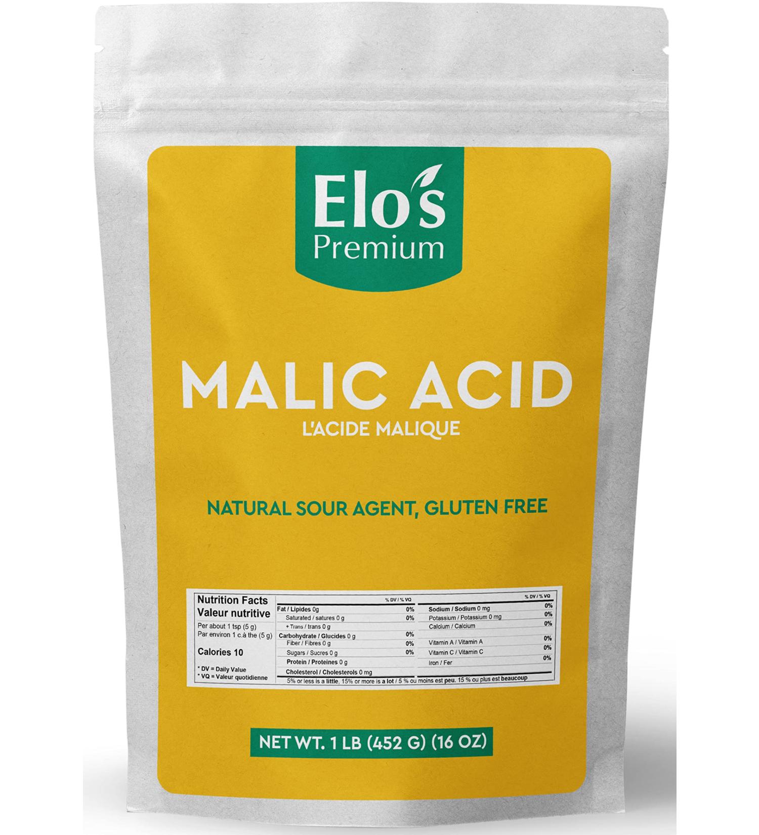 Malic Acid Powder by Elo s Premium (1 LB 452 g) Packaged in Canada Gluten Free Food Grade Natural Sour Agent for Candy Wine Potato Chips Recipes and More - Buy Online on GoSupps.com