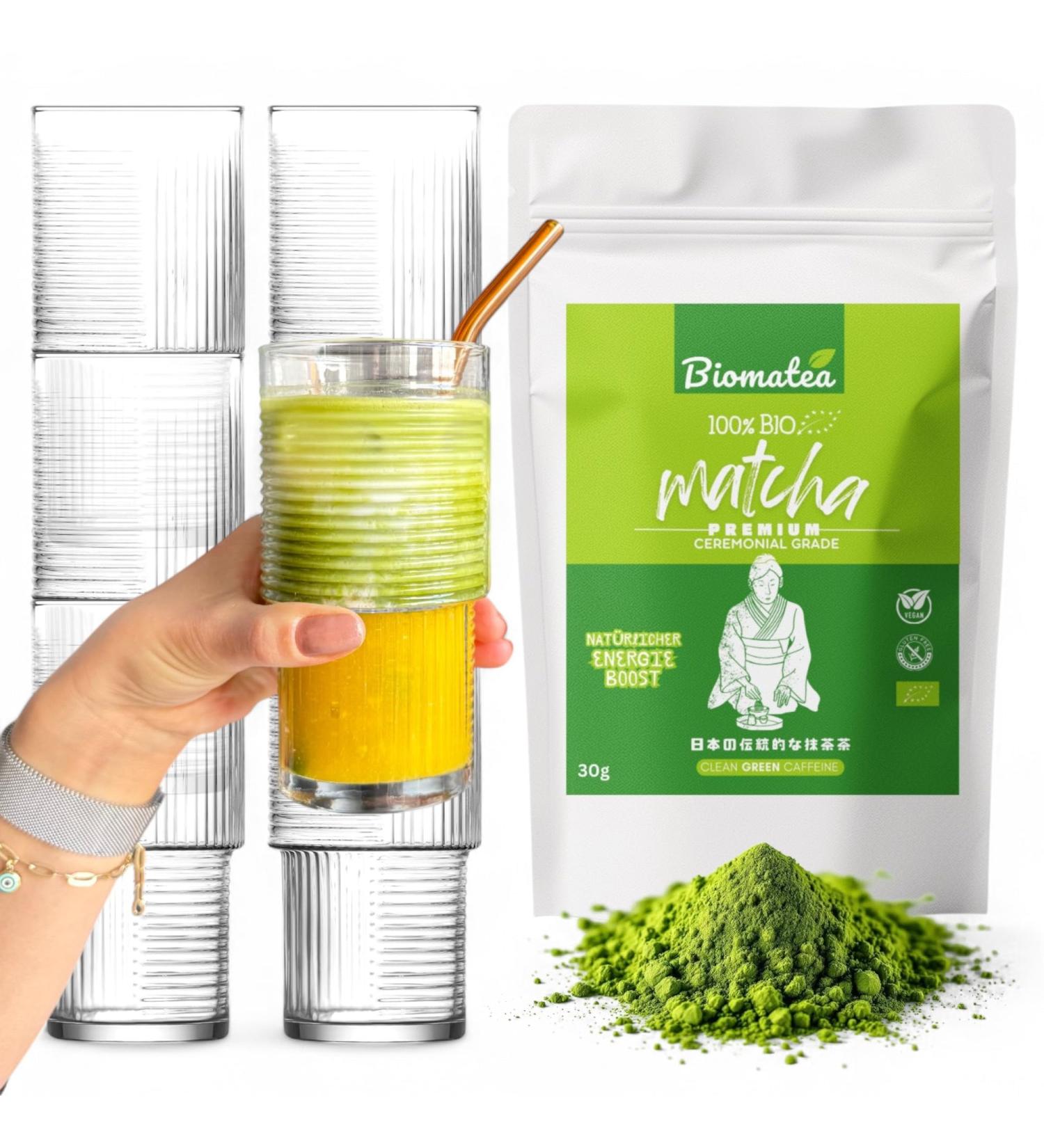  Biomatea Biomatea Set of 6 Organic Matcha Glasses Powder 30g 400ml Each Ribbed Glass with Stackable Geometric Pattern - Buy Online on GoSupps.com