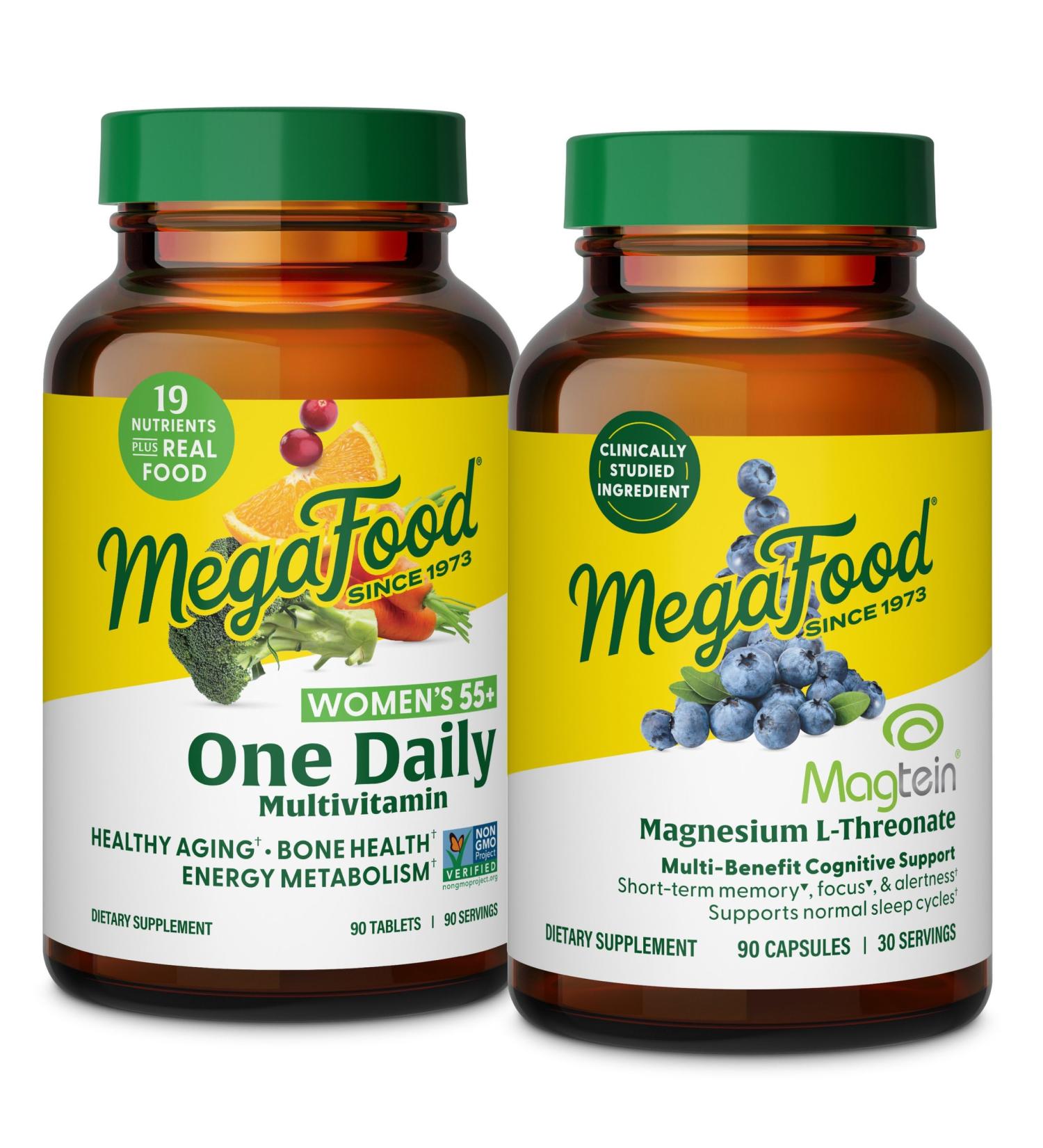 MegaFood Women's 55+ One Daily Multivitamin (90 Tablets) & Magtein Magnesium LThreonate (90 Capsules) Bundle - Supports Bones Energy & Immune System - Cognitive Support - Gluten Free & Vegetarian - Buy Online on GoSupps.com