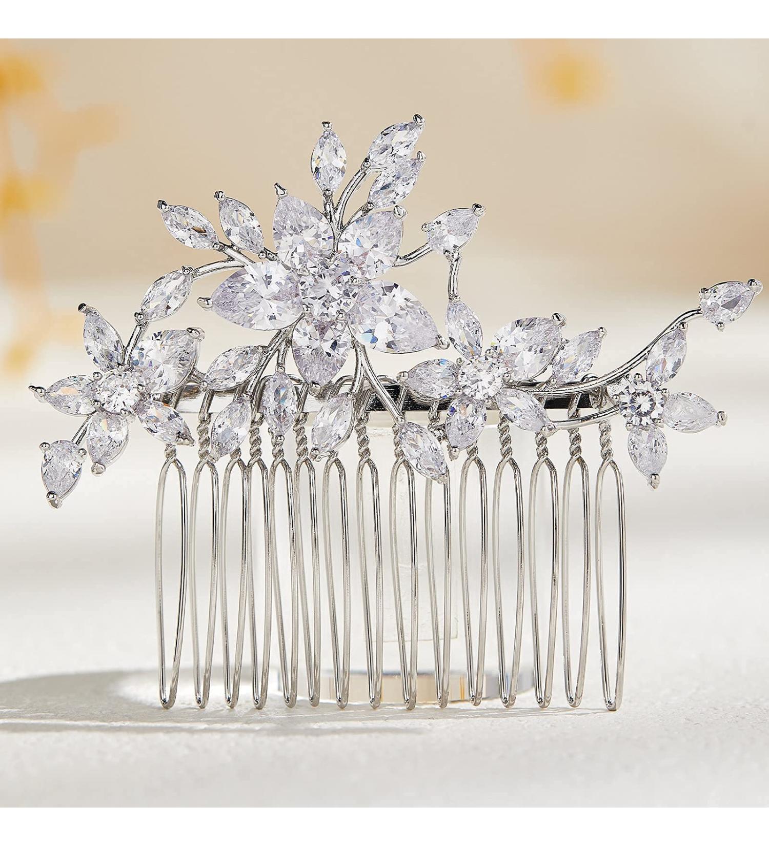 AW BRIDAL Cubic Zirconia Wedding Hair Comb - Silver Flower Bridal Hair Clip for Brides & Bridesmaids - Buy Online on GoSupps.com