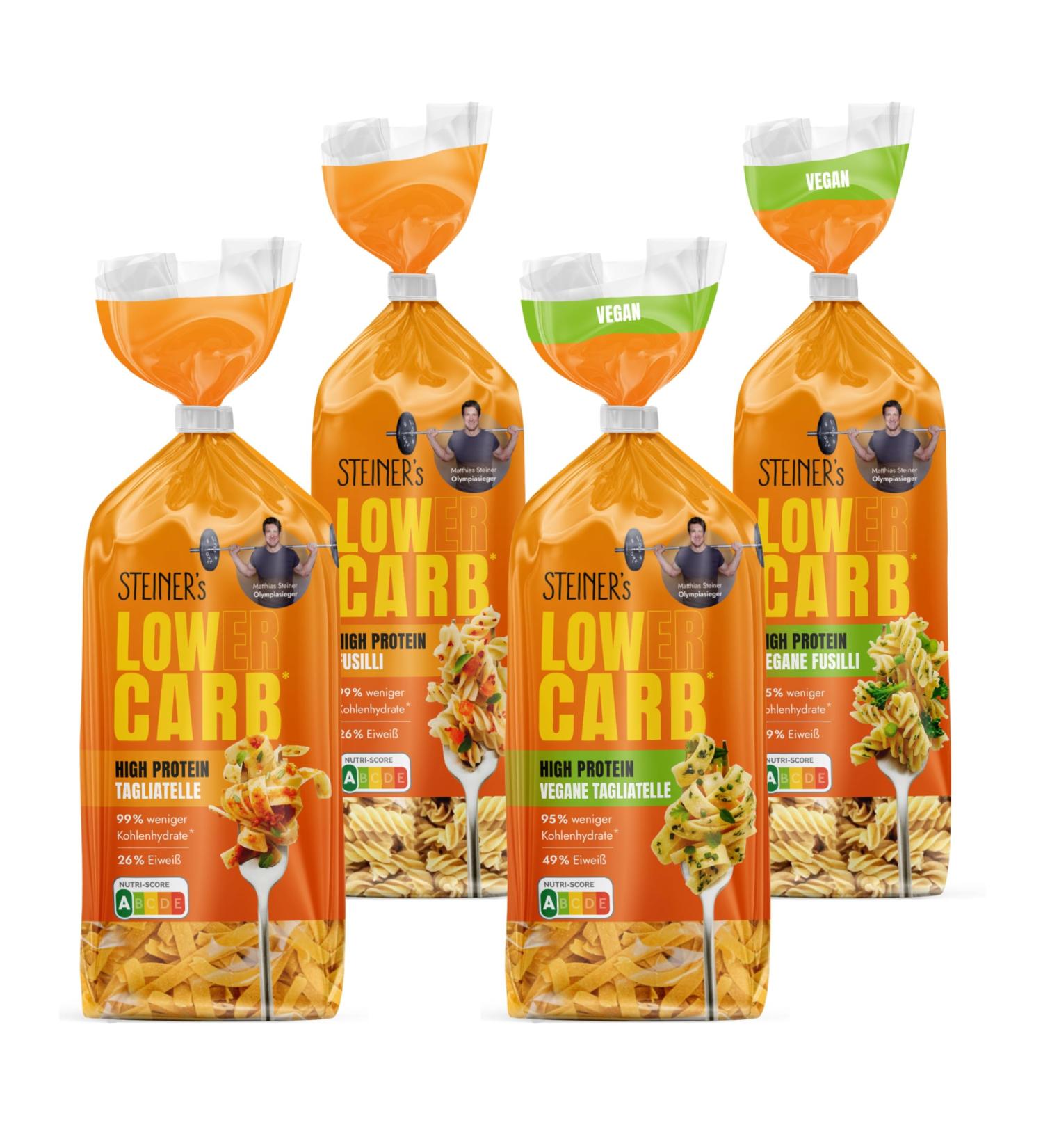 Steiners Low Carb High Protein Pasta Box | Fusilli & Tagliatelle (Vegan Options) | Keto-Friendly | 250g Each | Ideal for Reduced Carbohydrate Diets - Buy Online on GoSupps.com