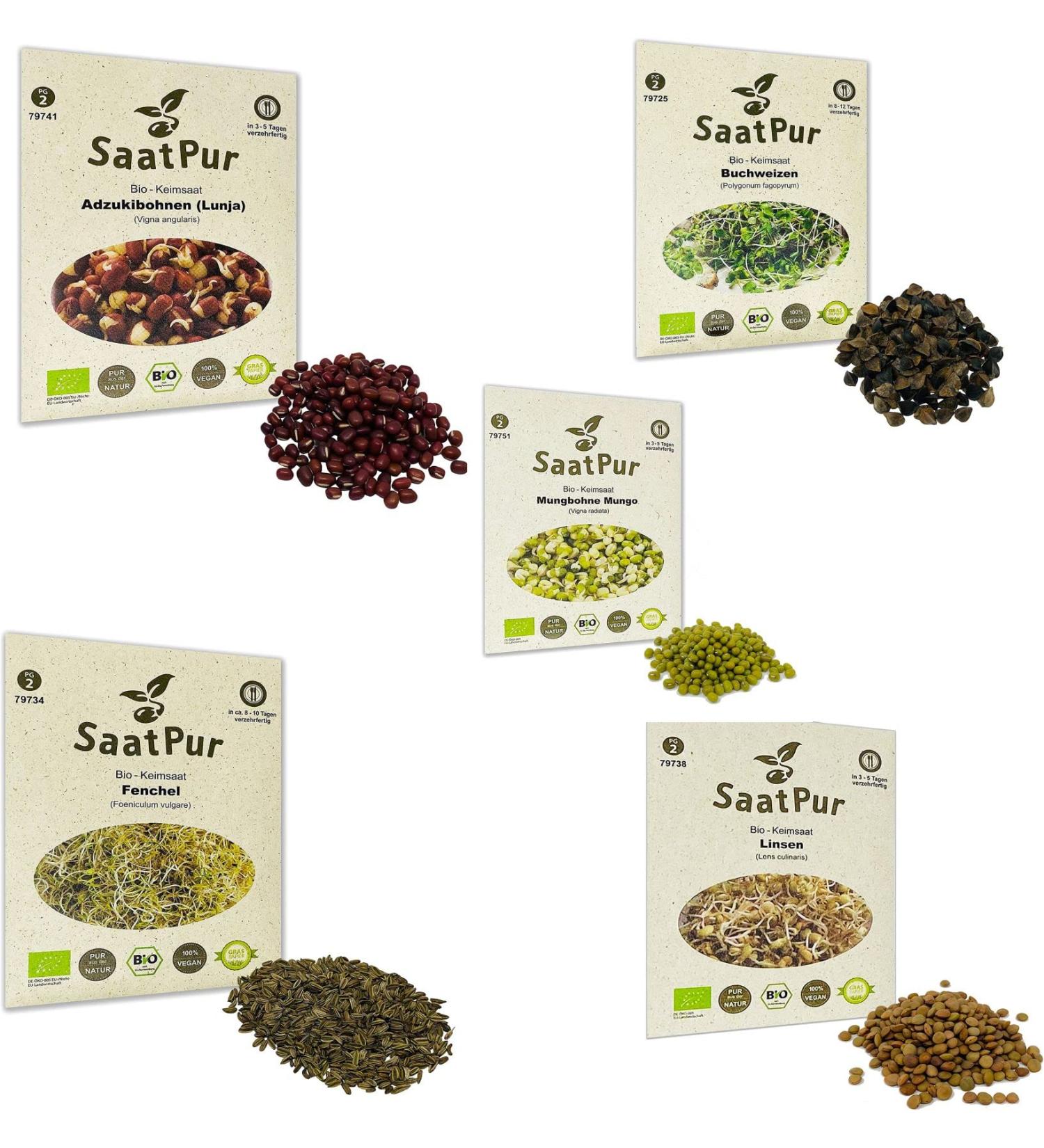 Buy SaatPur ORGANIC Sprouts Set - 5 Varieties Anti-Stress Mix: Mungo Lunja Lentils Fennel & Buckwheat - International Shipping Available - Buy Online on GoSupps.com