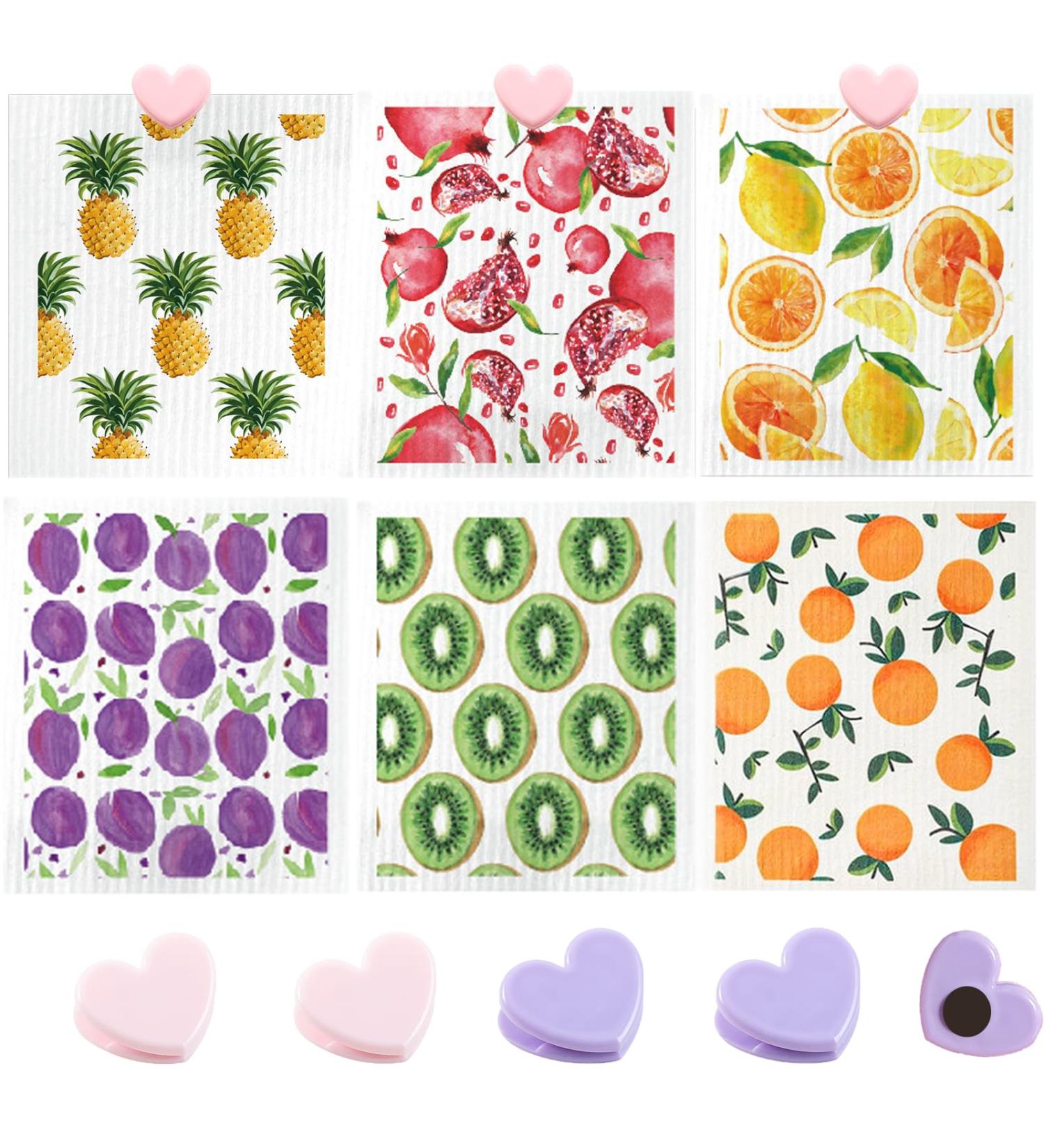 Swedish Dish Cloth 6 Pack Swedish Dishcloths with 4 Clips Absorbent Sponge Cleaning Reusable Biodegradable Paper Towels (6 Pack Fruit) - Buy Online on GoSupps.com