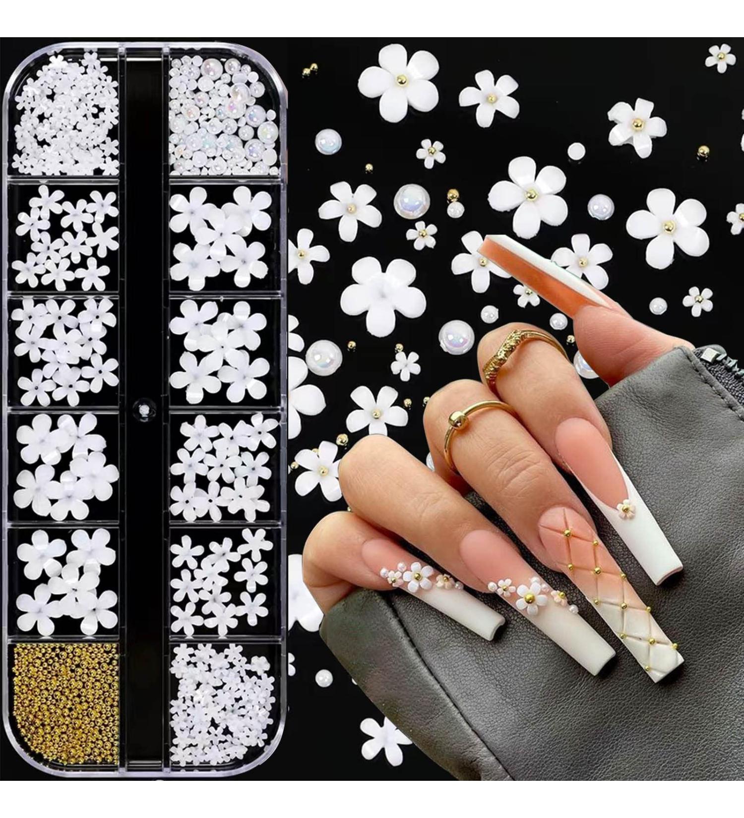 YOSOMK 3D White Flower Nail Charms with Gold Pearls - Cherry Blossom Nail Decorations for Women DIY Nails - Buy Online on GoSupps.com