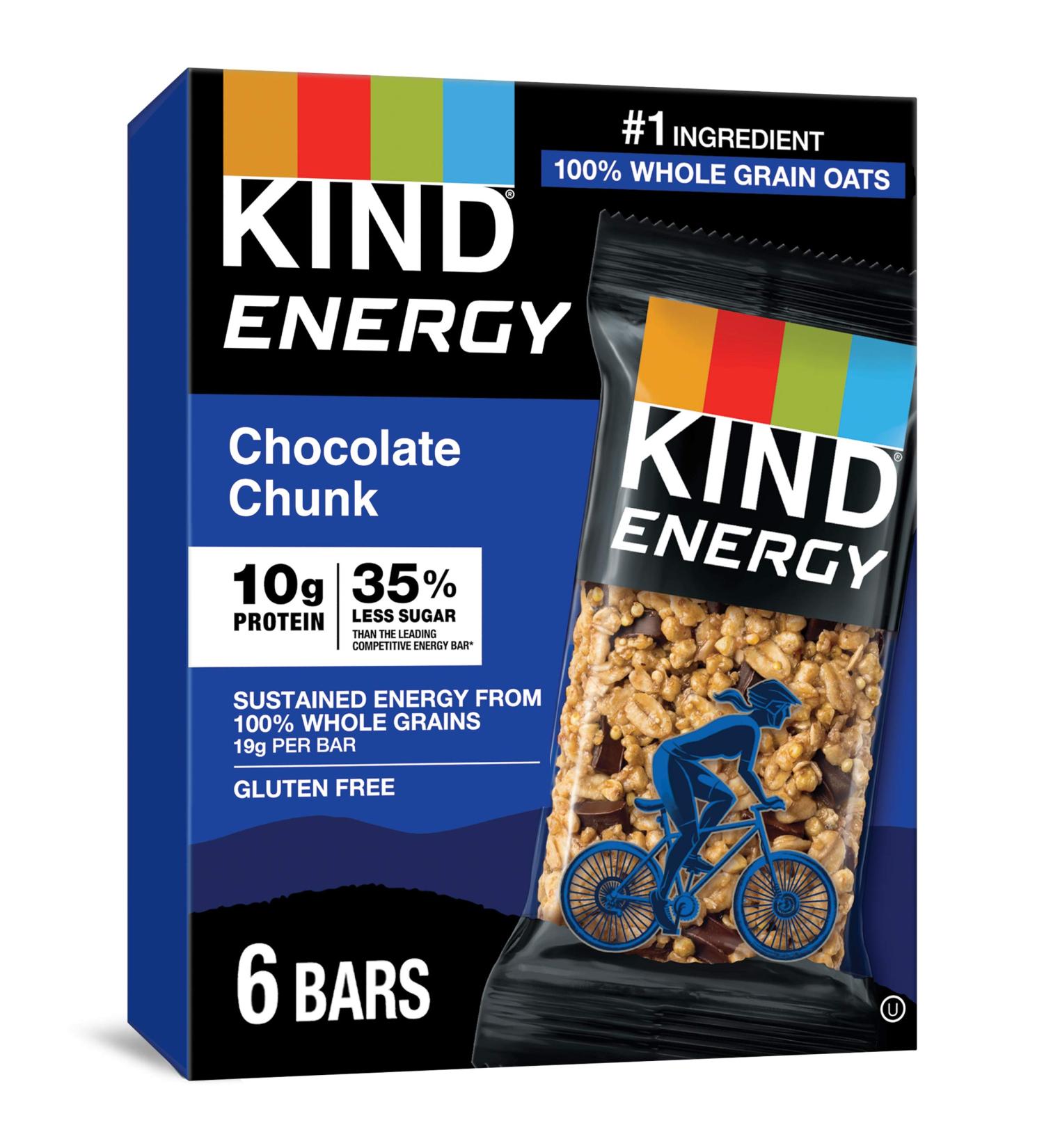 KIND Energy Bars Chocolate Chunk 2.1oz - 30 Count (Pack of 1) | Gluten Free, 100% Whole Grains - Buy Online on GoSupps.com
