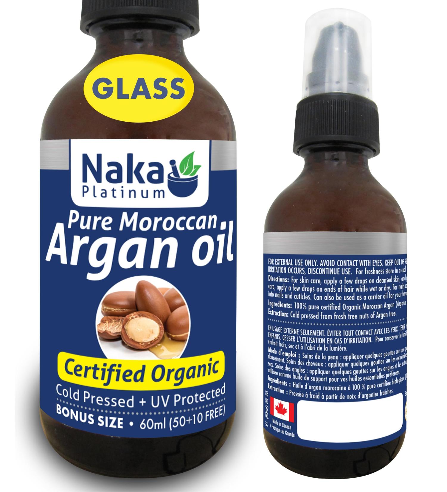 Naka Platinum Pure Moroccan Argan Oil Certified Organic Cold Pressed + UV Protected For Hair Skin and Nails Made in Canada (50+10ml FREE) - Buy Online on GoSupps.com