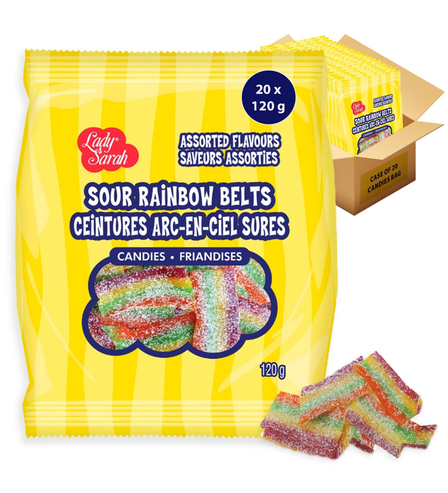 Gummy Candy Bag - Sour Rainbow Belts Bulk Candy| Smart Choice from Lady Sarah Variety Sweets - Canada's Top Gummies Candy - 2.4 kg (10 Sour Candy Bags x 120g) Sour Rainbow Belts (20 Candy Bags x 120g) - Buy Online on GoSupps.com