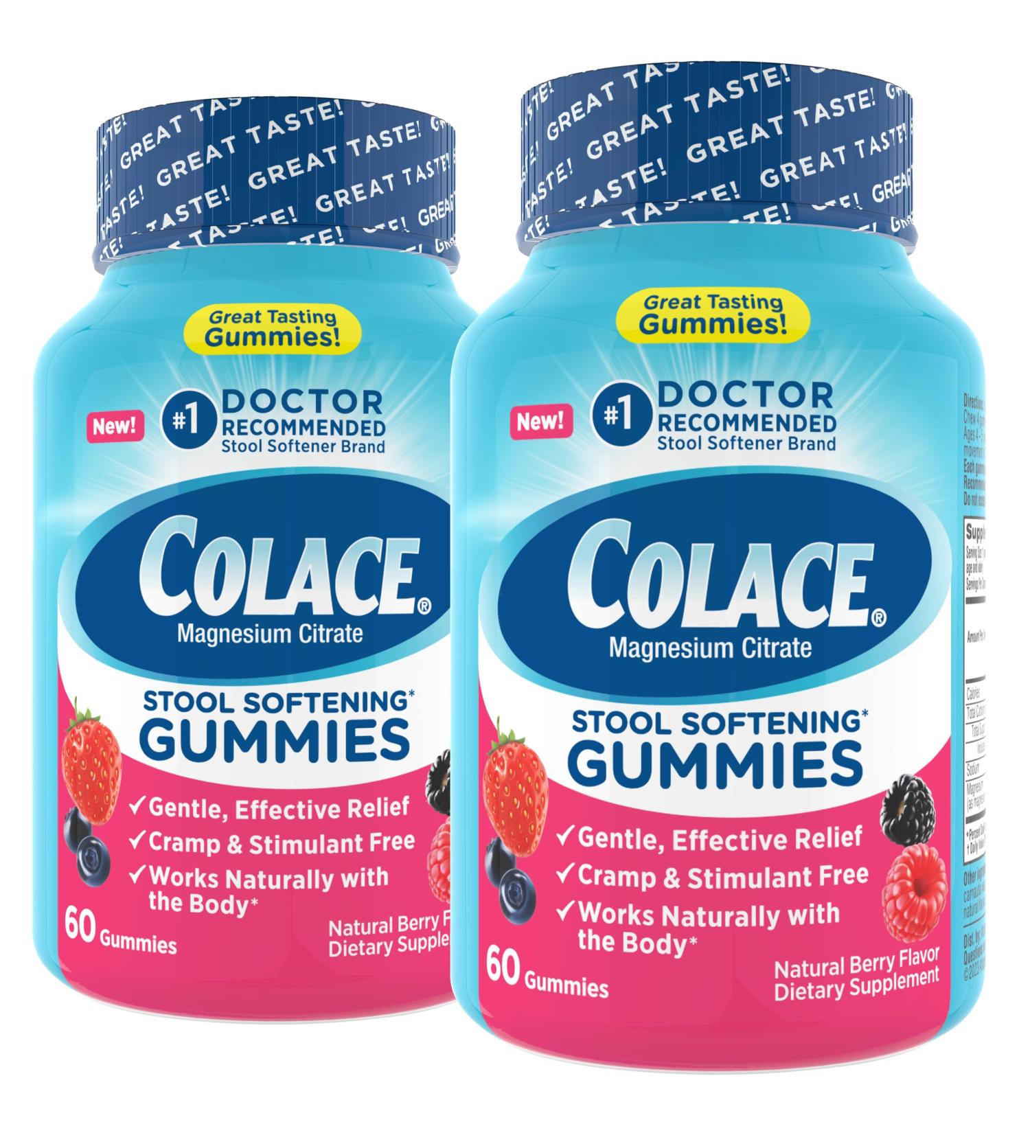 Colace Stool Softener Gummies Gentle Dependable Constipation Relief Magnesium Citrate Gummies No.1 Doctor Recommended Stool Softener Brand Berry Flavored 60ct (Pack of 2) 60 Count (Pack of 2) - Buy Online on GoSupps.com