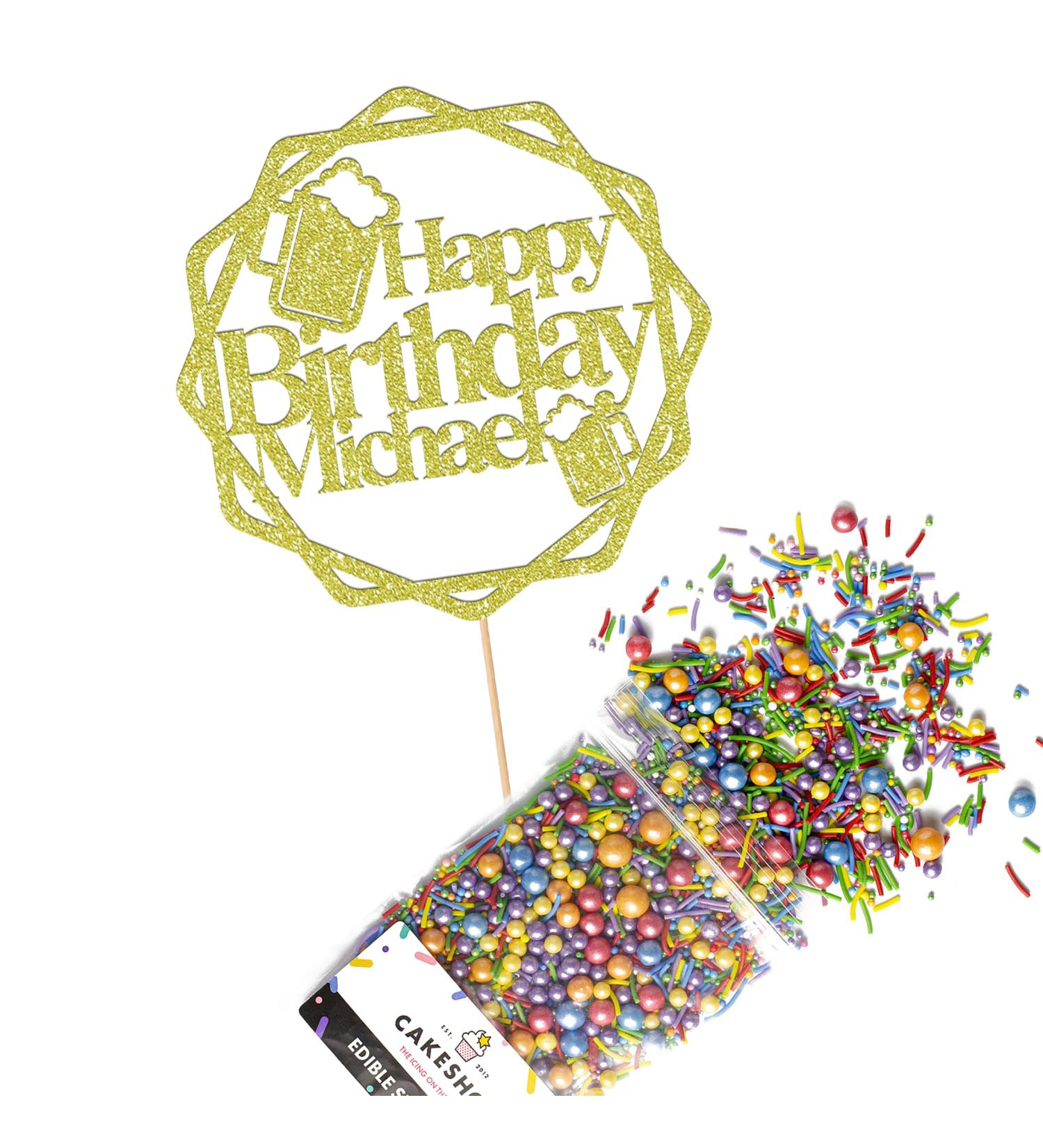 Cakeshop Cake Decoration Pack | Round Beers Happy Birthday Premium Double Sided Glitter Card Cake Topper & 25g Party Pack of Cake Sugar Sprinkles | Custom Name Cake Decorations (Champagne) Non-Prime Glitter Card: Champagne - Buy Online on GoSupps.com