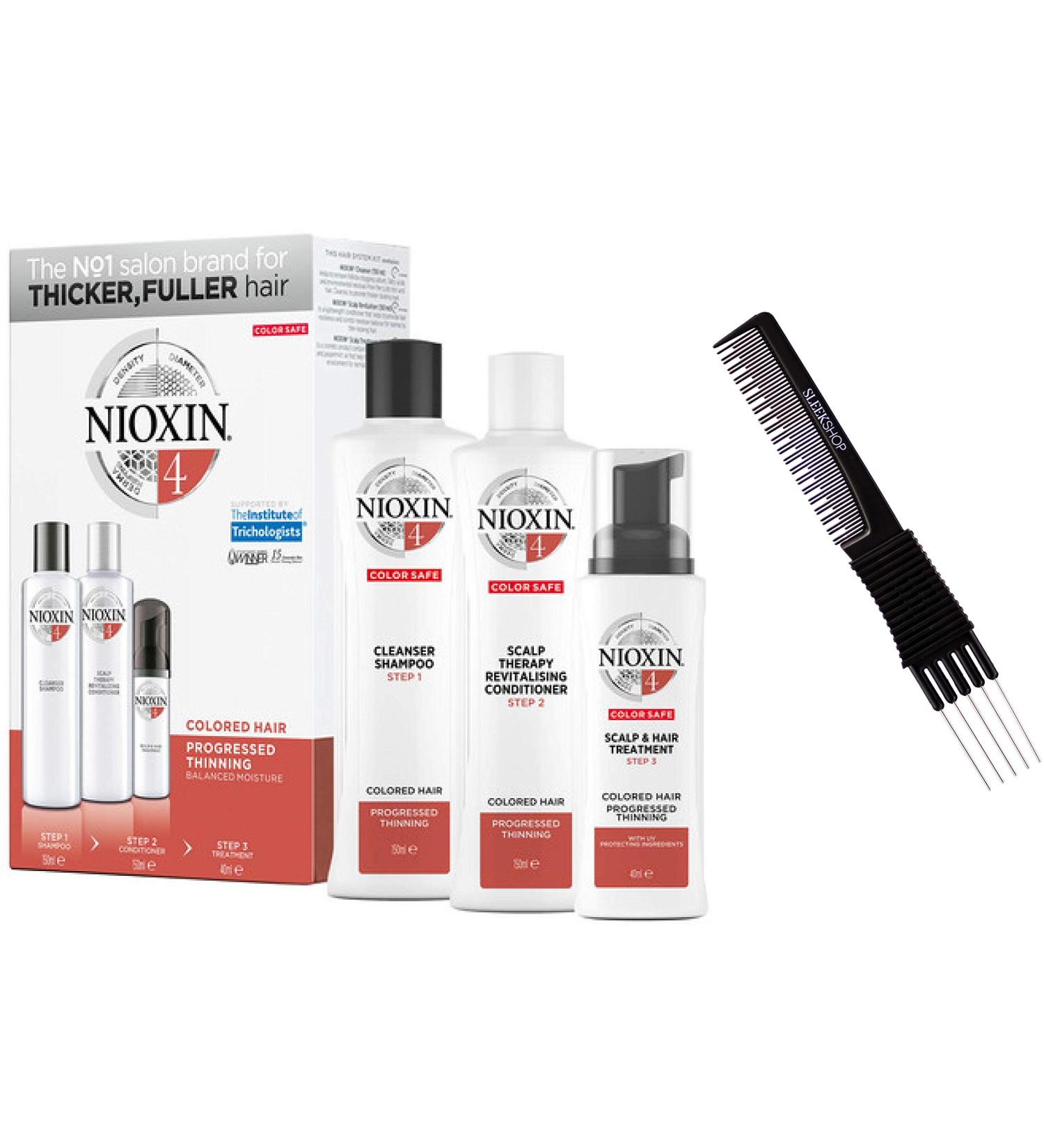 fragile hair NlOXlN System 1 LARGE STARTER KIT for Natural Hair & Light Thinning 3-piece TRIO Kit (w/ Sleek Premium Carbon Teasing Comb) Boost Fine Hair (System 4 TRIAL KIT (5 oz + 5 oz + 1.7 oz))