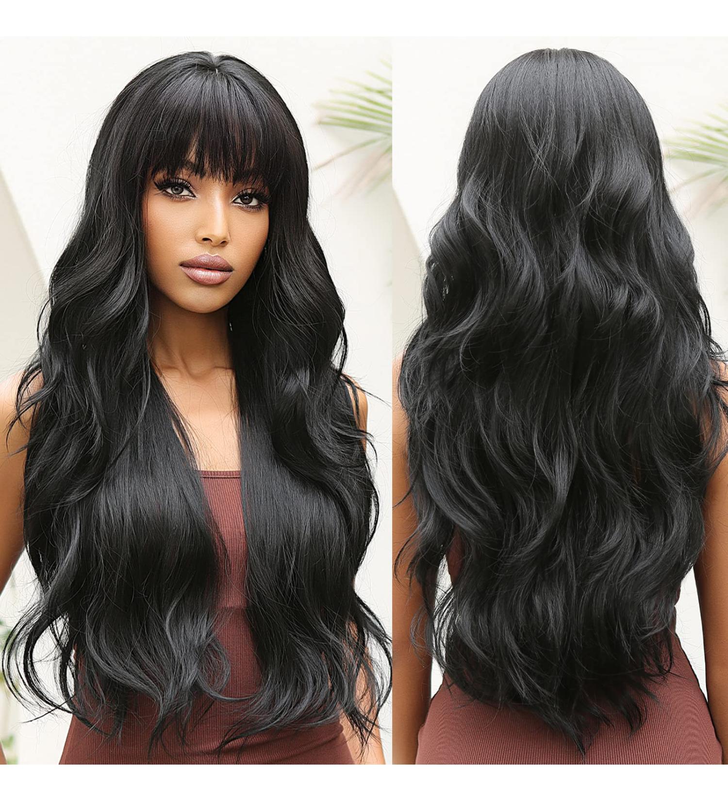 Allbell Black Wig for Women | Long Wavy Natural Hair Wig with Thick Bangs | Heat Resistant Synthetic Hair - Buy Online on GoSupps.com