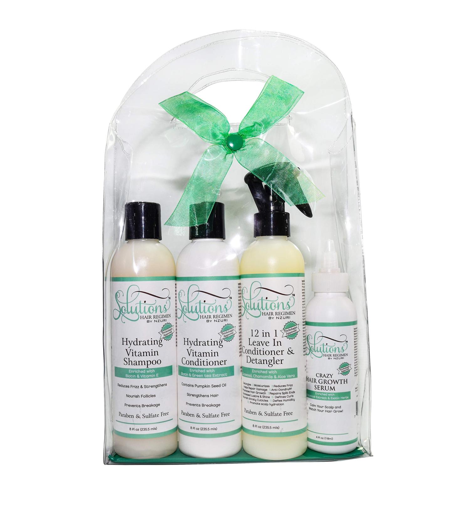 Nzuri Solutions Hair Regimen Hydrating Shampoo 8oz Hydrating Vitamin Conditioner 8oz 12 in 1 Leave in Conditioner and Detangler 8oz Crazy Hair Growth Serum Essential 4oz. Alopecia Hair Care Kit