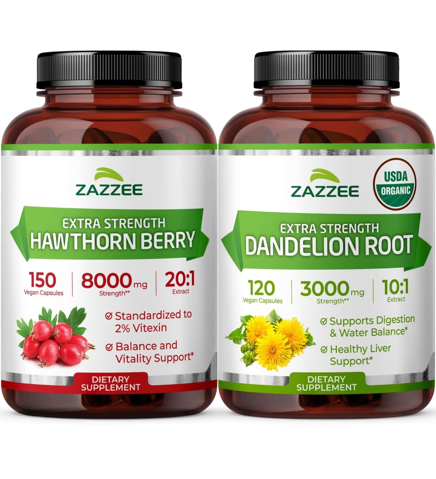 Zazzee Herbal CardioVascu Support Bundle | 10:1 Organic Dandelion Root Capsules & 20:1 Extra Strength Hawthorn Berry Capsules | Non-GMO Vegan & ISO Lab Tested - Buy Online on GoSupps.com