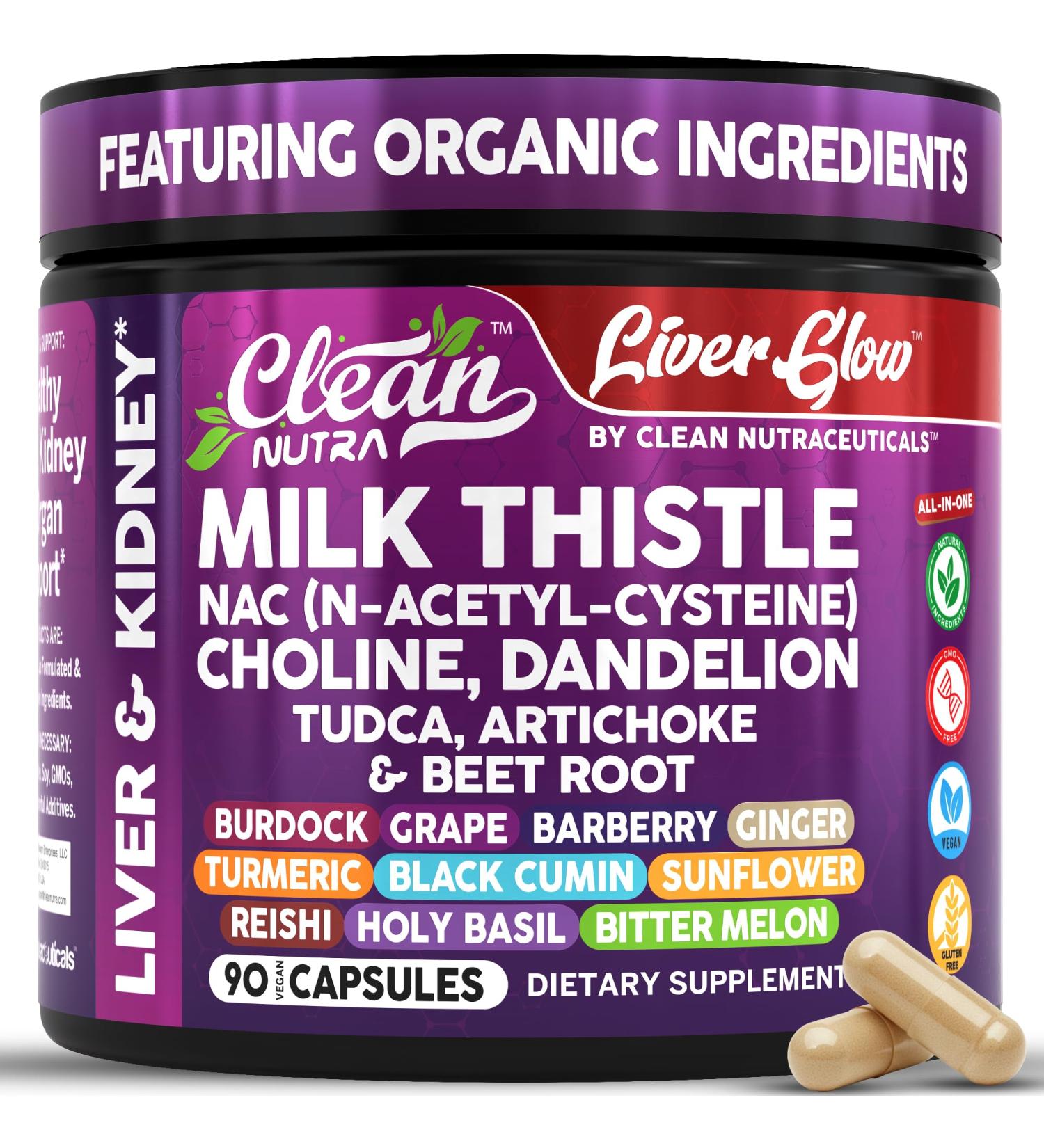 Clean Nutra Organic Milk Thistle Supplement | Liver Cleanse Detox & Repair + NAC Choline Dandelion Root TUDCA Artichoke Beet Root Burdock Holy Basil Kidney & Liver Support 90 Vegan Capsules - Buy Online on GoSupps.com