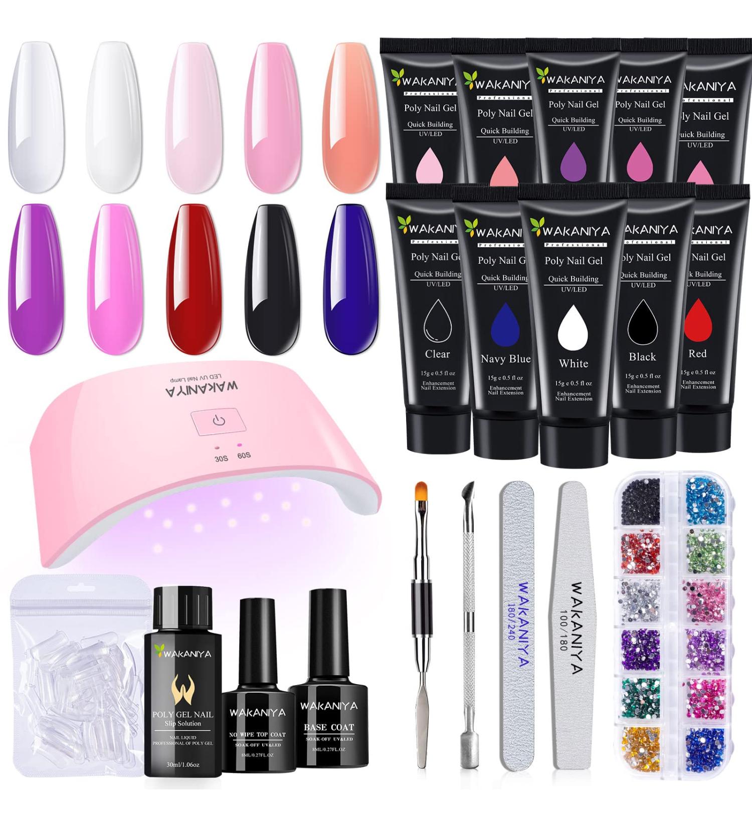 Pink Purple Blue Poly Gel Nail Kit with UV Lamp - Complete Starter Set for DIY Manicure with 10 Poli Gel Colors, Rhinestones, Base & Top Coat, Slip Solution, and Nail Forms - Buy Online on GoSupps.com