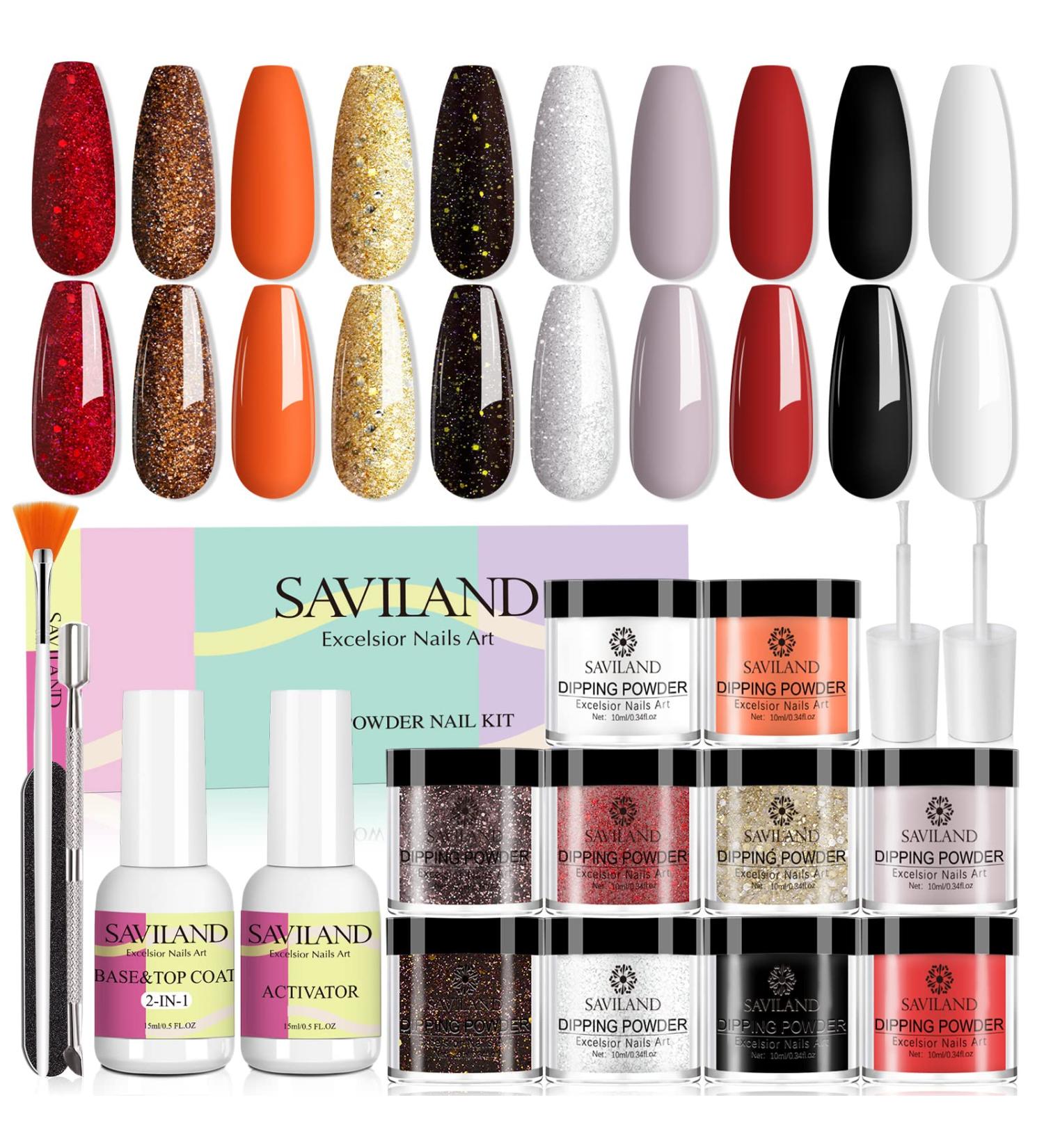 Saviland Dip Powder Nail Kit - 10 Colors Starter Kit with Base, Top Coat, Activator, Brushes - DIY at Home or Nail Salon - Buy Online on GoSupps.com