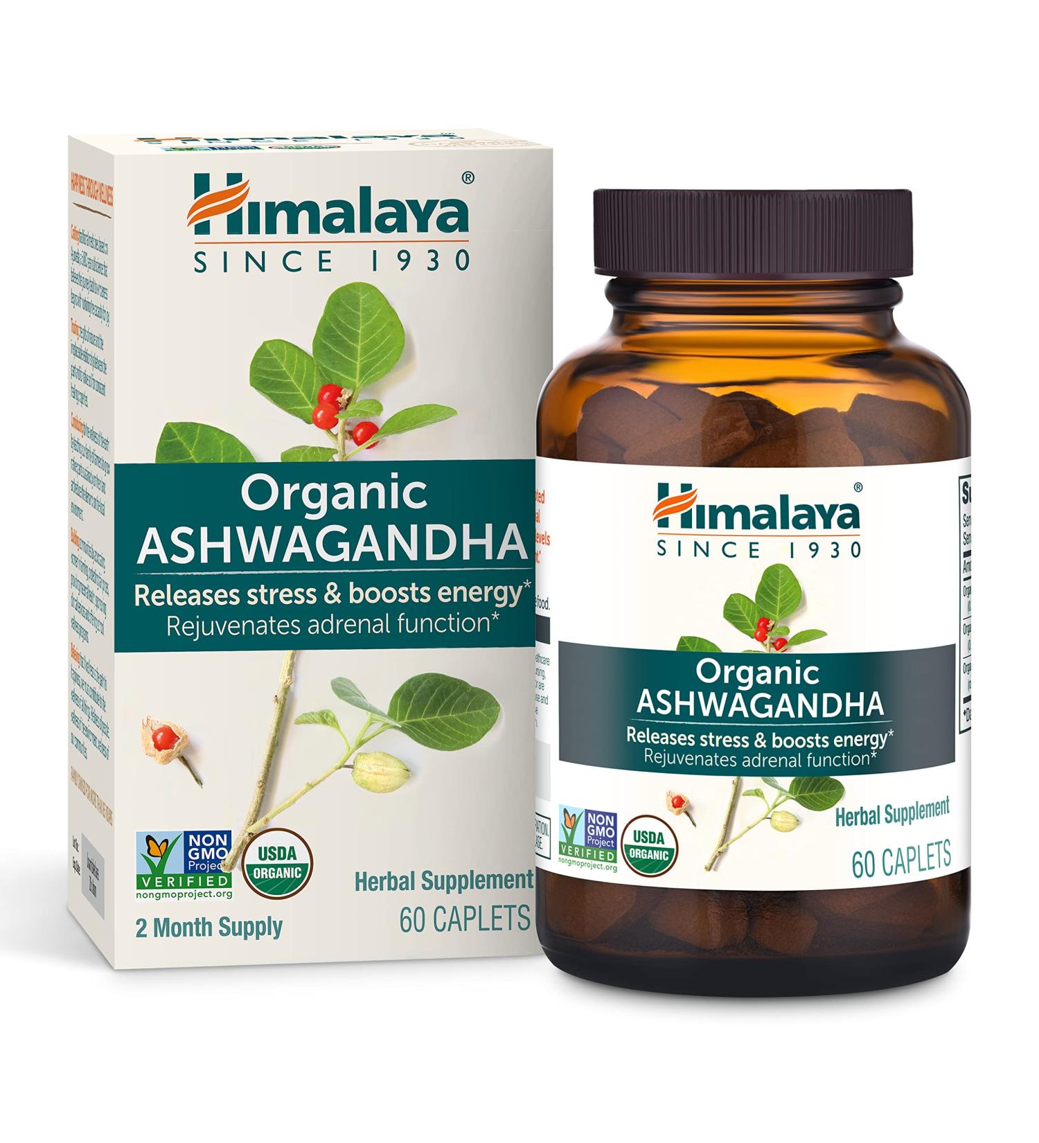 Himalaya Organic Ashwagandha Stress Relief Supplement - 2 Month Supply | USDA Certified Organic, Non-GMO, Gluten-Free | 100% Ashwagandha Powder & Extract - 670mg, 60 Caplets - Buy Online on GoSupps.com
