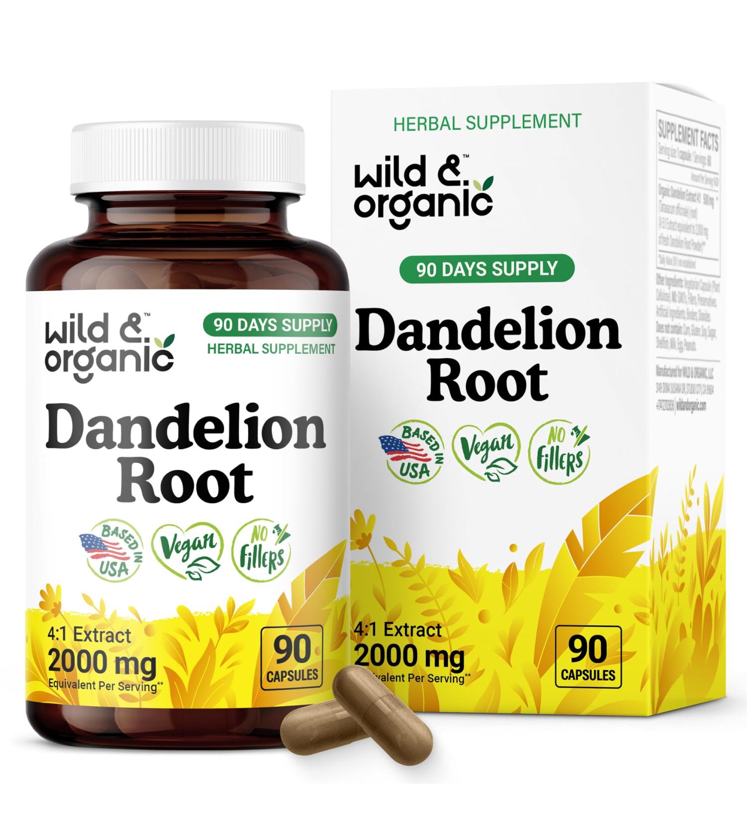Wild & Organic Dandelion Root Capsules - Liver Detox Supplements - 2000 mg of Fresh Dandelion Root Powder per Capsule - 90 Vegan Capsules - 3 Month Supply - No Fillers Non-GMO 90 Count (Pack of 1) - Buy Online on GoSupps.com