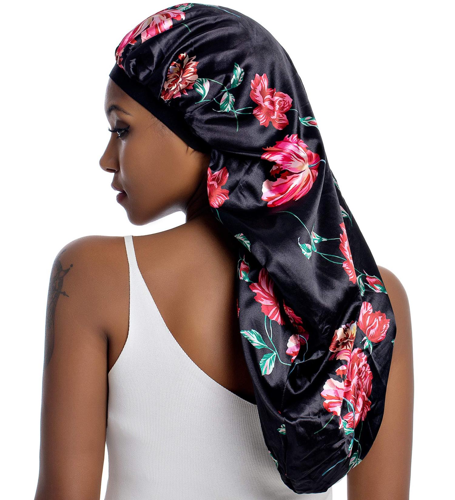 Extra Large Satin Bonnet for Curly Hair - Long Silk Sleeping Cap for Natural Frizzy Hair | Black Rose Flower Design - Buy Online on GoSupps.com