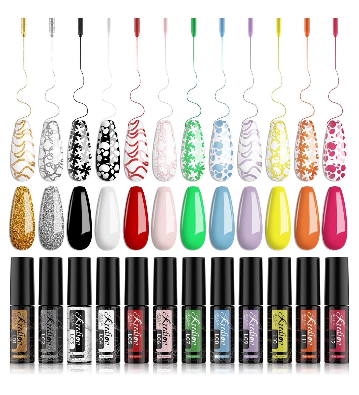 Kredioo Gel Polish Nail Liner Set - 12 Soak Off Colors for Artistic Nail Designs | Thin Brush for Salon Quality Painted Lines - Golden, Silver, Neon | Gift Package Included - Buy Online on GoSupps.com
