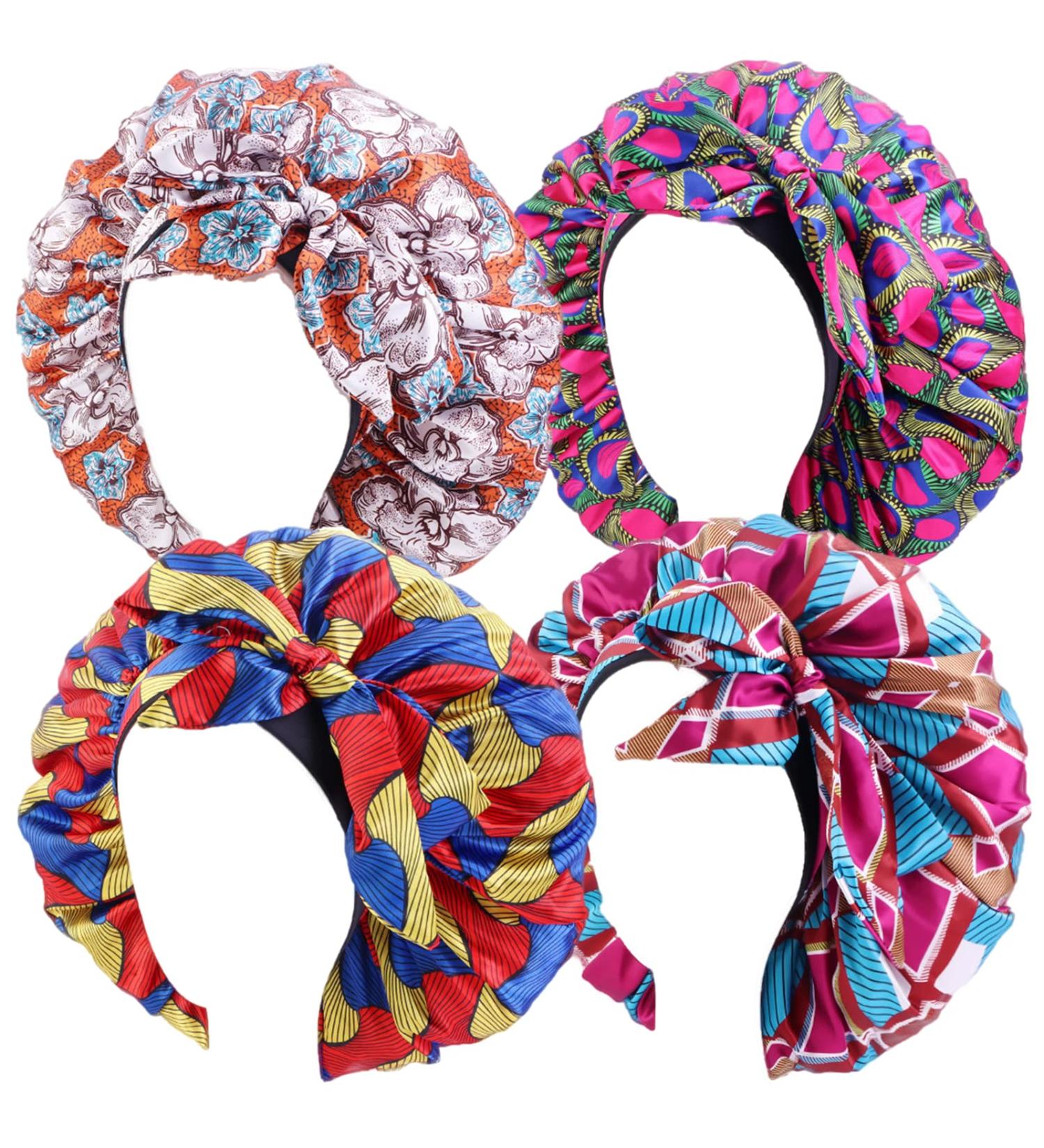 4PCS Silky Satin African Print Turban Head Wrap Scarf Set for Women - Hair Loss Cap Bonnet Hat with Long Tail Design - Buy Online on GoSupps.com