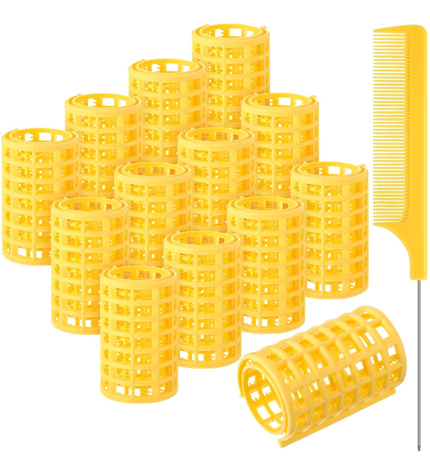 12-Piece Hair Roller Set with Rat Tail Comb - Large Plastic Hair Curlers for Hairdressing Styling Tools - Yellow (6.8 x 3.6 cm) - Pack of 12 - Buy Online on GoSupps.com