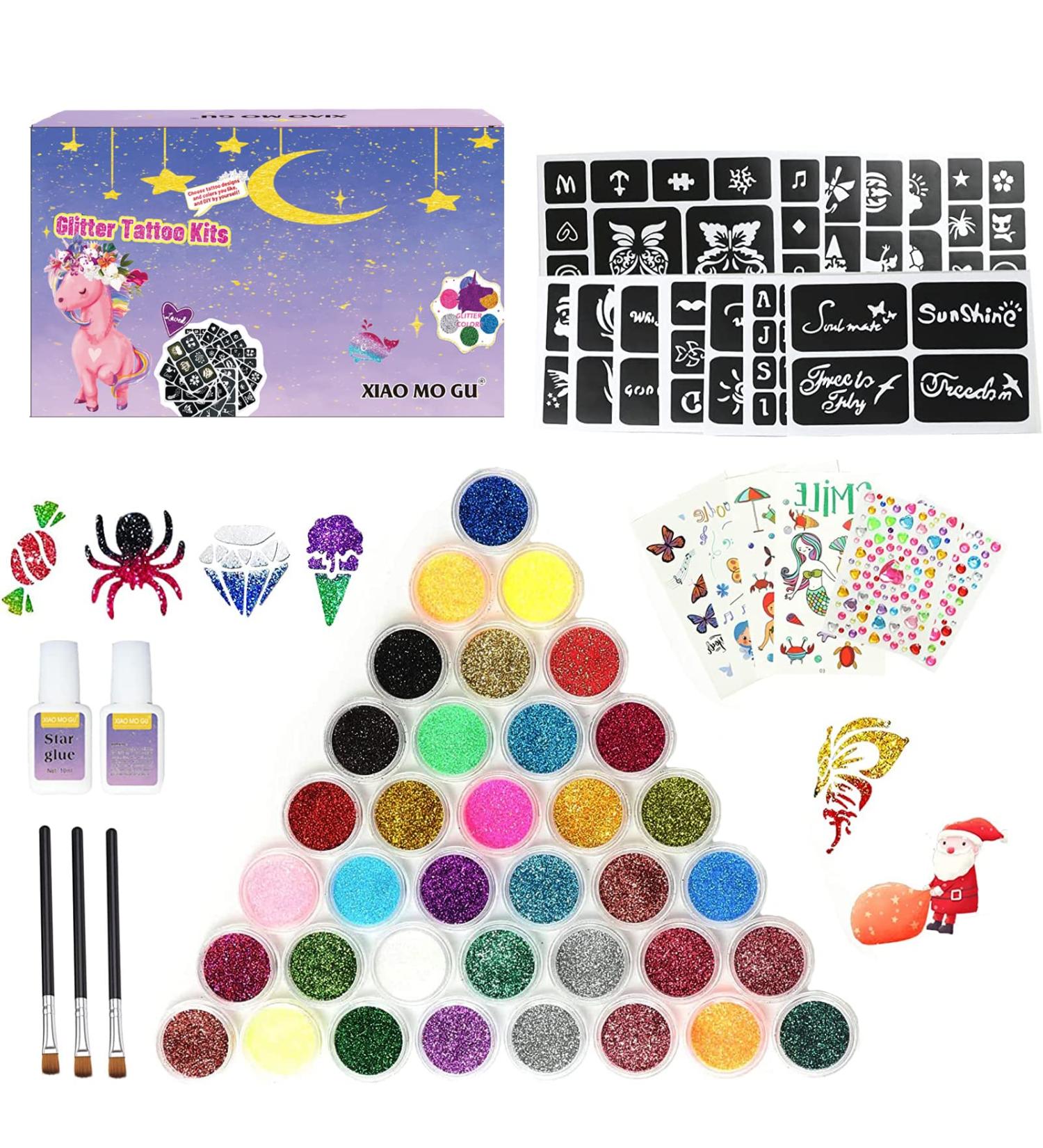 Glitter Tattoo Kit - 36 Colors Temporary Tattoos for Kids Christmas | 135 Stencils, Rhinestones, Mermaid Body Makeup - Ideal Gift for Girls, Teens, Adults | Birthday, Party, Cosplay, Carnival - Buy Online on GoSupps.com