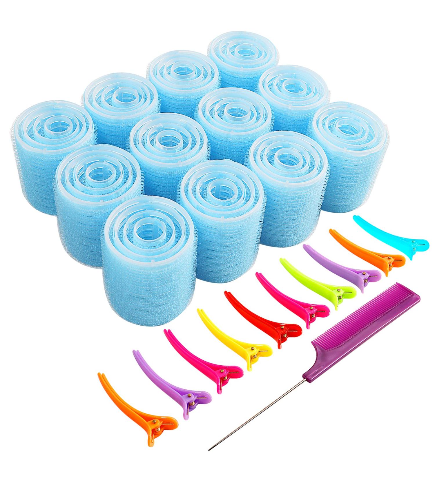 48 Pack Jumbo Self Grip Hair Rollers for Long Hair - Velcro Rollers with Clips & Comb - Blue - Buy Online on GoSupps.com