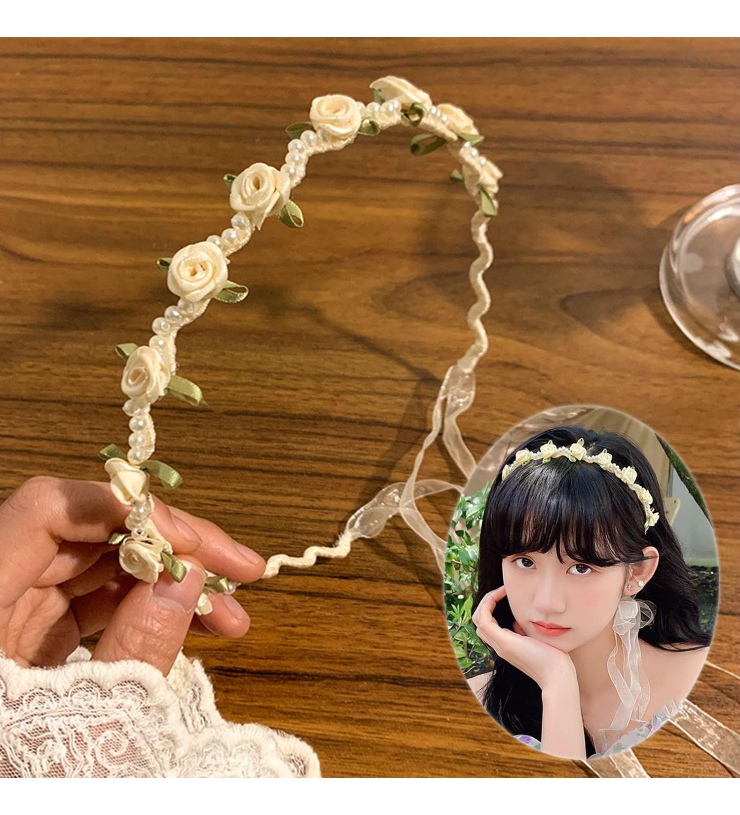 Bride Headband White Rose Pearl Hair Bands Bridal Wedding Elastic Padded Headbands with Ribbon Bridesmaid Elegant Tiara Hair Accessories for Women & Girls Thin Non-slip Hairband - Buy Online on GoSupps.com