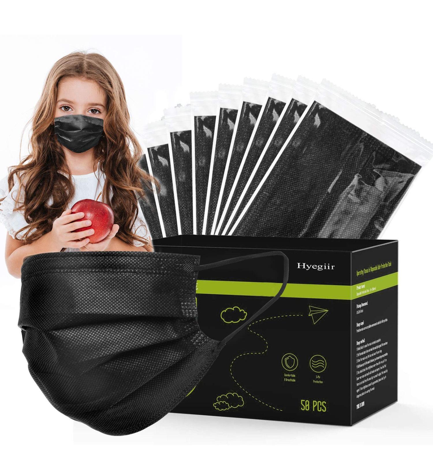 100 Pack Kids Black Disposable Face Masks - 3 Ply Individually Wrapped Non-Woven Masks for Boys and Girls - Buy Online on GoSupps.com