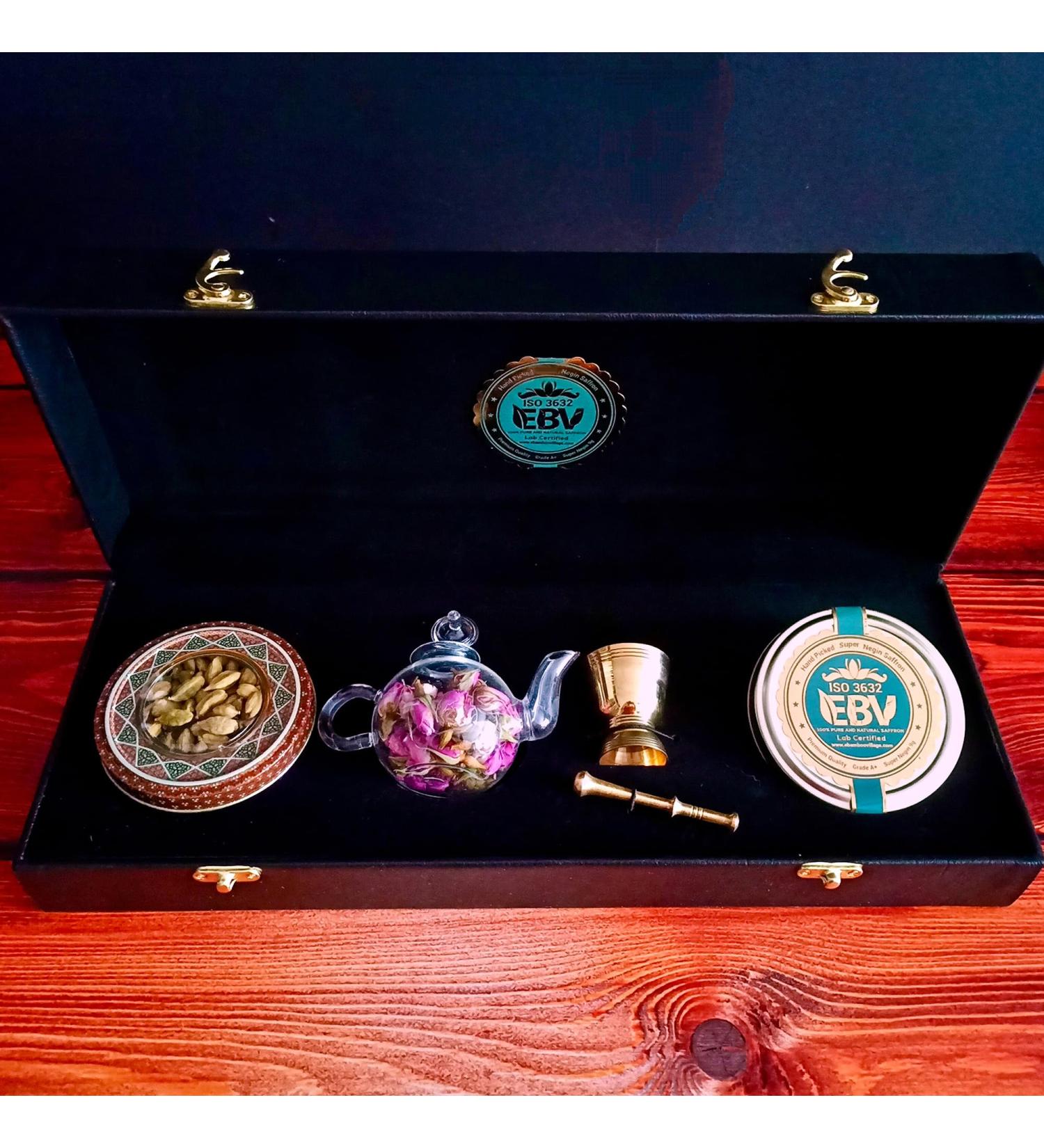 Luxurious Saffron Gift Box for Chefs: 9 Gr Grade A+ Organic Super Negin Coupe Saffron Threads Green Cardamom Rose Bud Tea Dried Saffron Teapot Small Brass Mortar and Pestle (Black Leather Box) - Buy Online on GoSupps.com